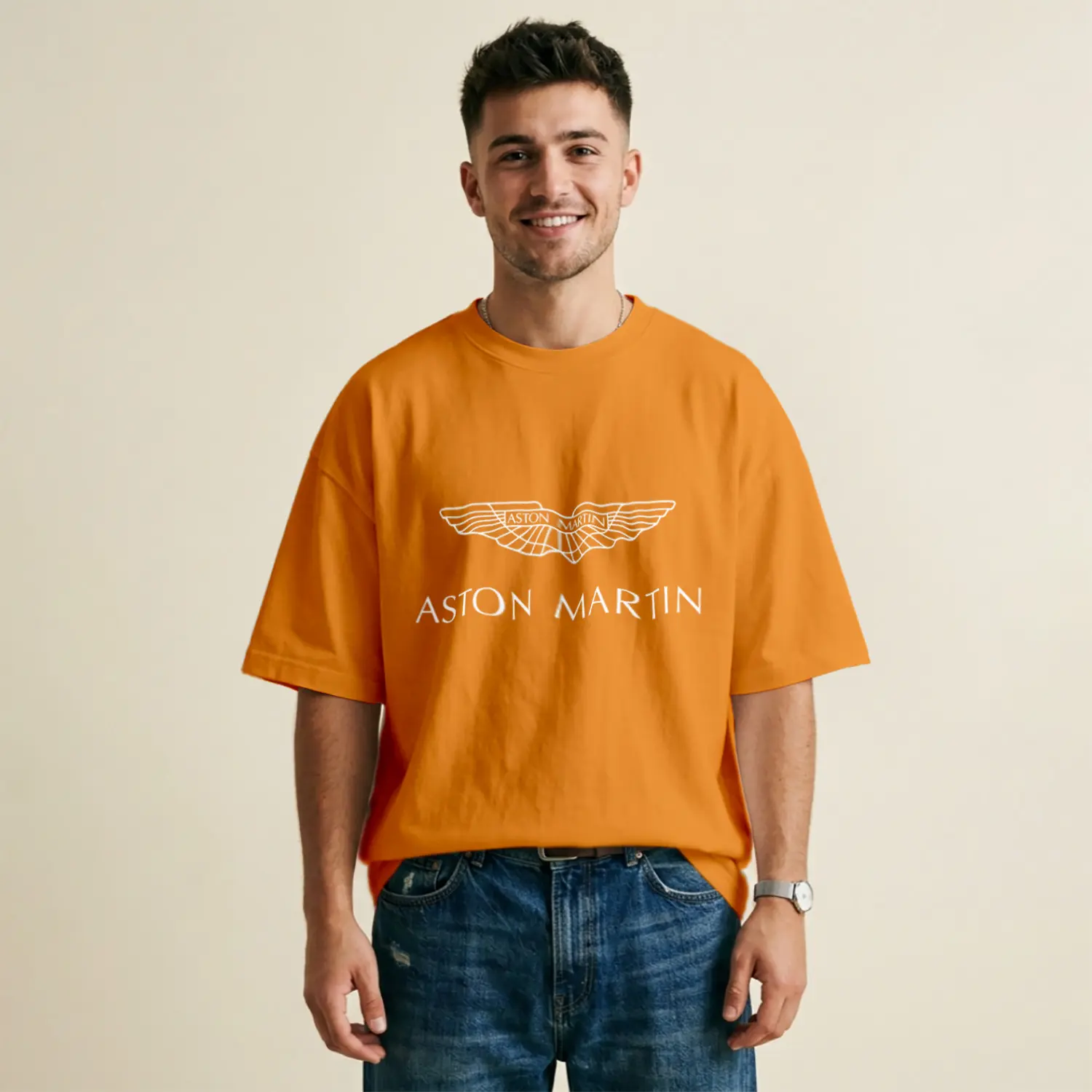 Kanat Figürlü Bej Rahat Kesim Baskılı Erkek Tişört