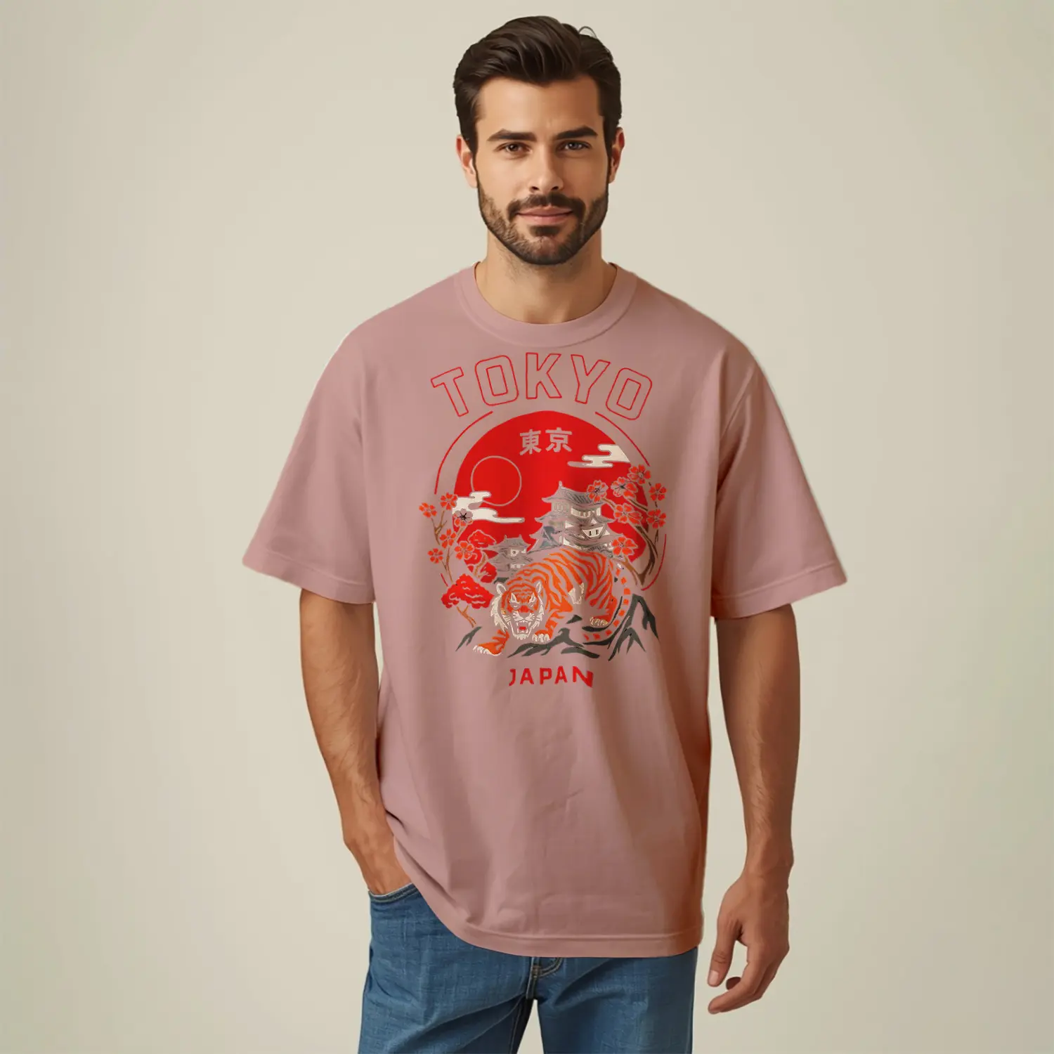 Kaplan ve Japon Bahçesi Baskılı Erkek Tişört