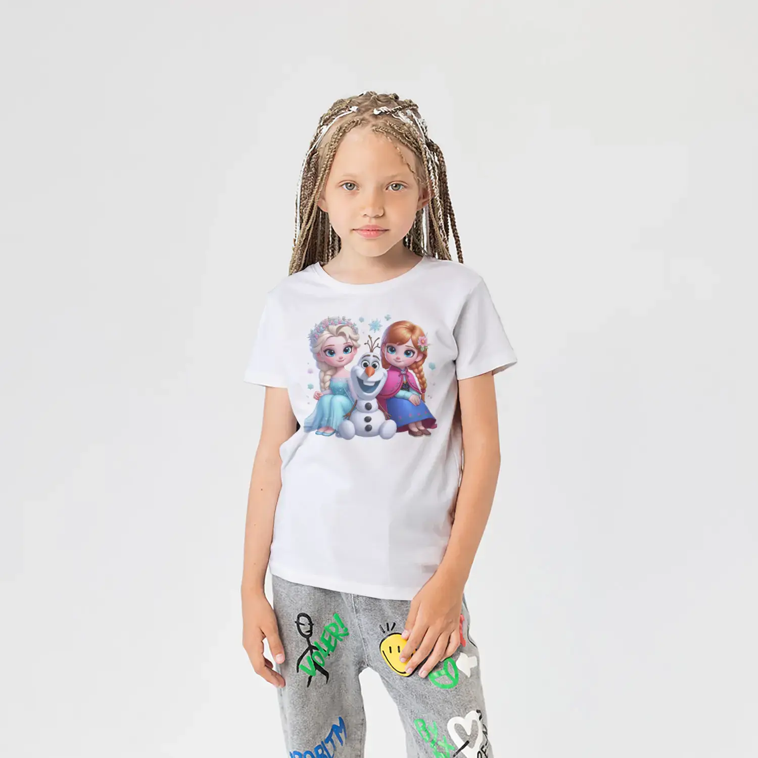 Kar Taneli Buz Prensesleri Ve Kardan Adam Uclu Baskılı Kiz Çocuk Tisortu Tişörtü