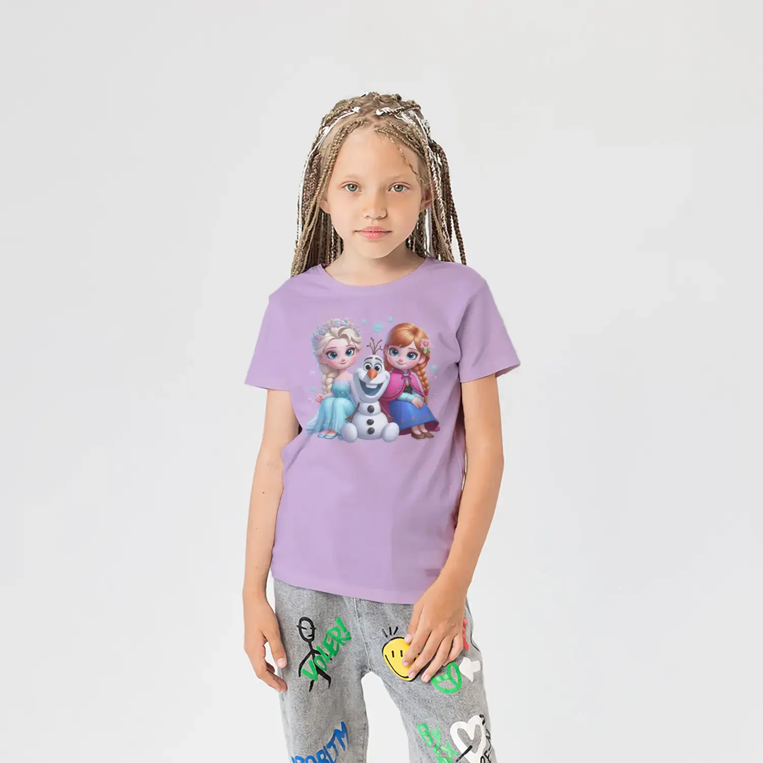 Kar Taneli Buz Prensesleri ve Kardan Adam Üçlü Baskılı Kız Çocuk Tişörtü