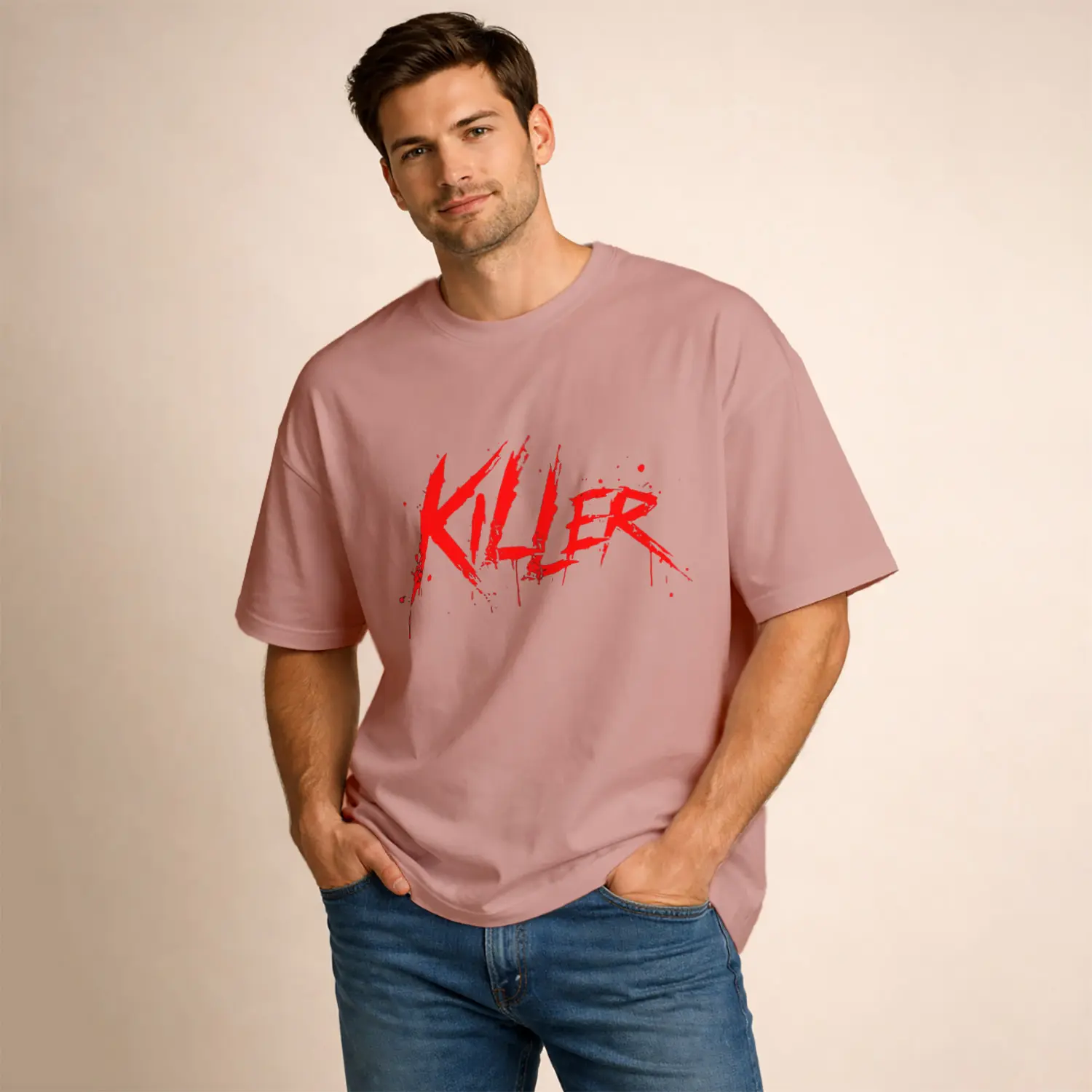 Karanlık Stil Kırmızı Yazılı Baskılı Erkek Tişört