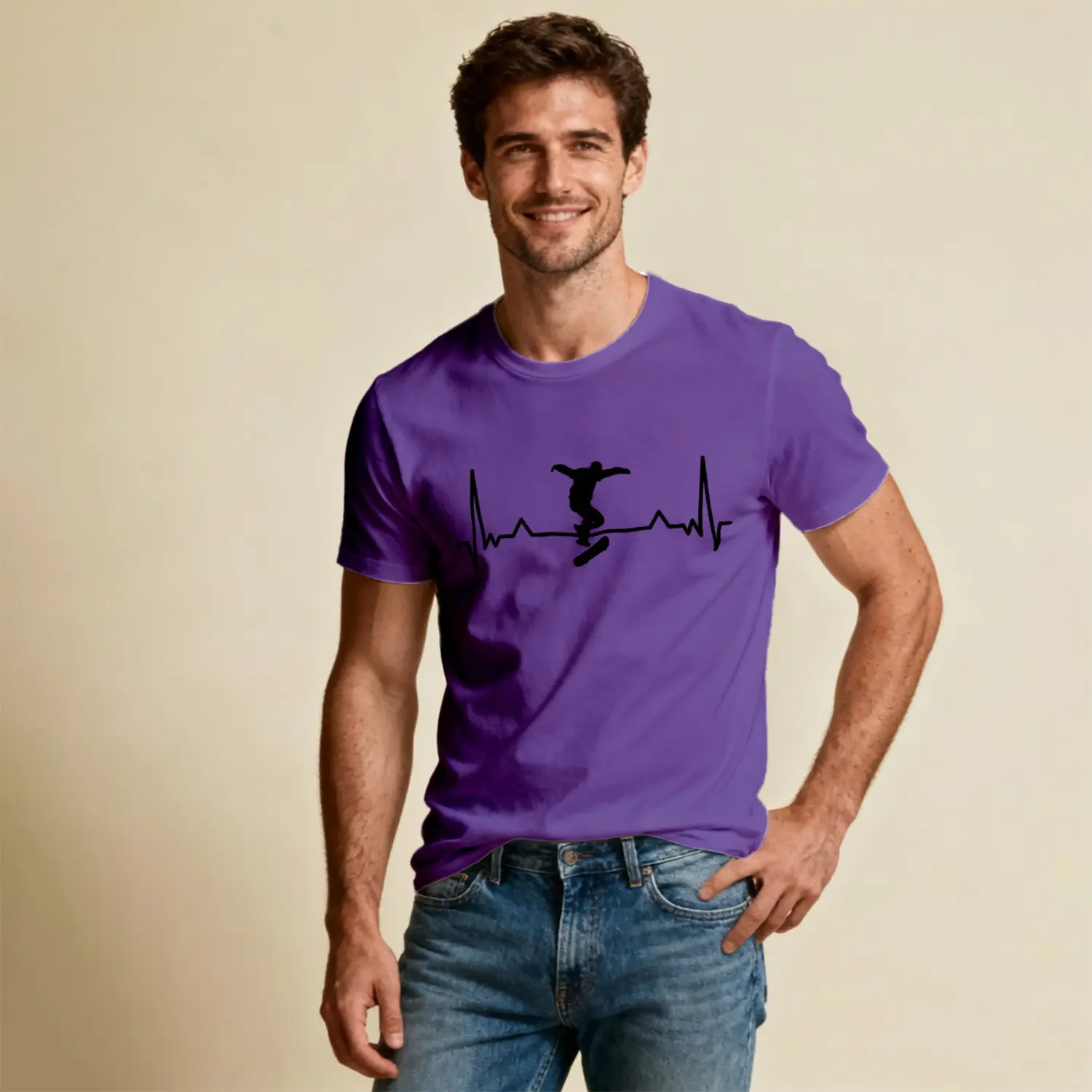 Kaykaycı Kalp Atışı Baskılı Erkek Tişört