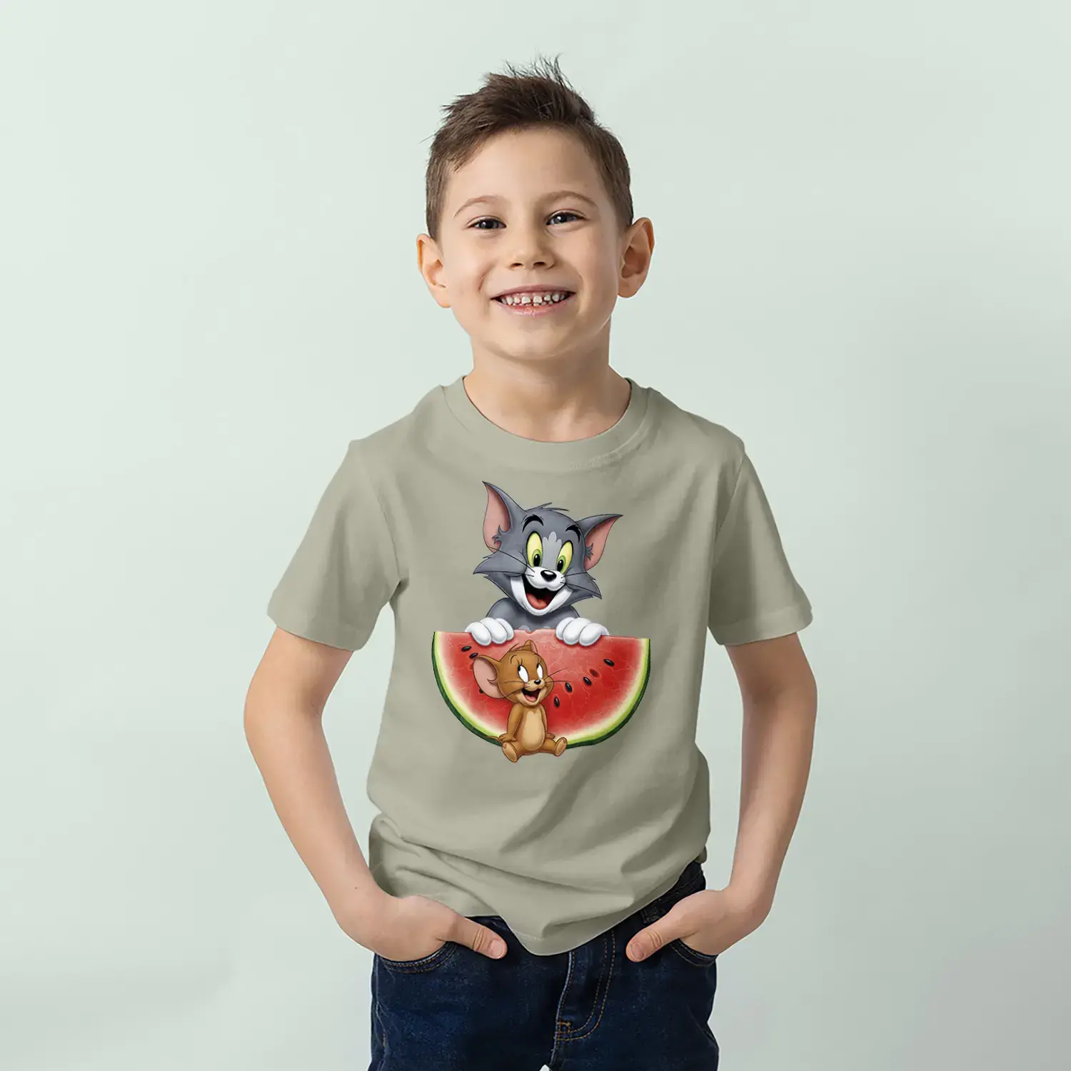 Kedi Fare Karpuz Eglencesi Baskılı Erkek Çocuk Tişörtü