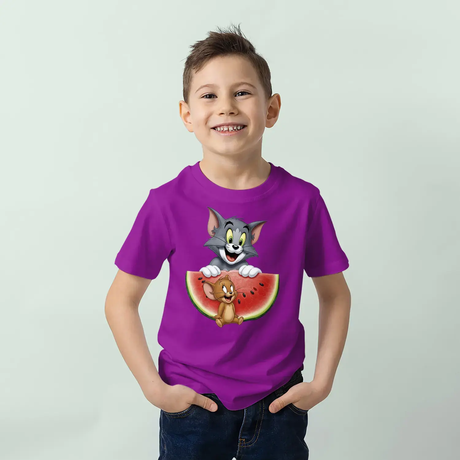 Kedi Fare Karpuz Eğlencesi Baskılı Erkek Çocuk Tişört