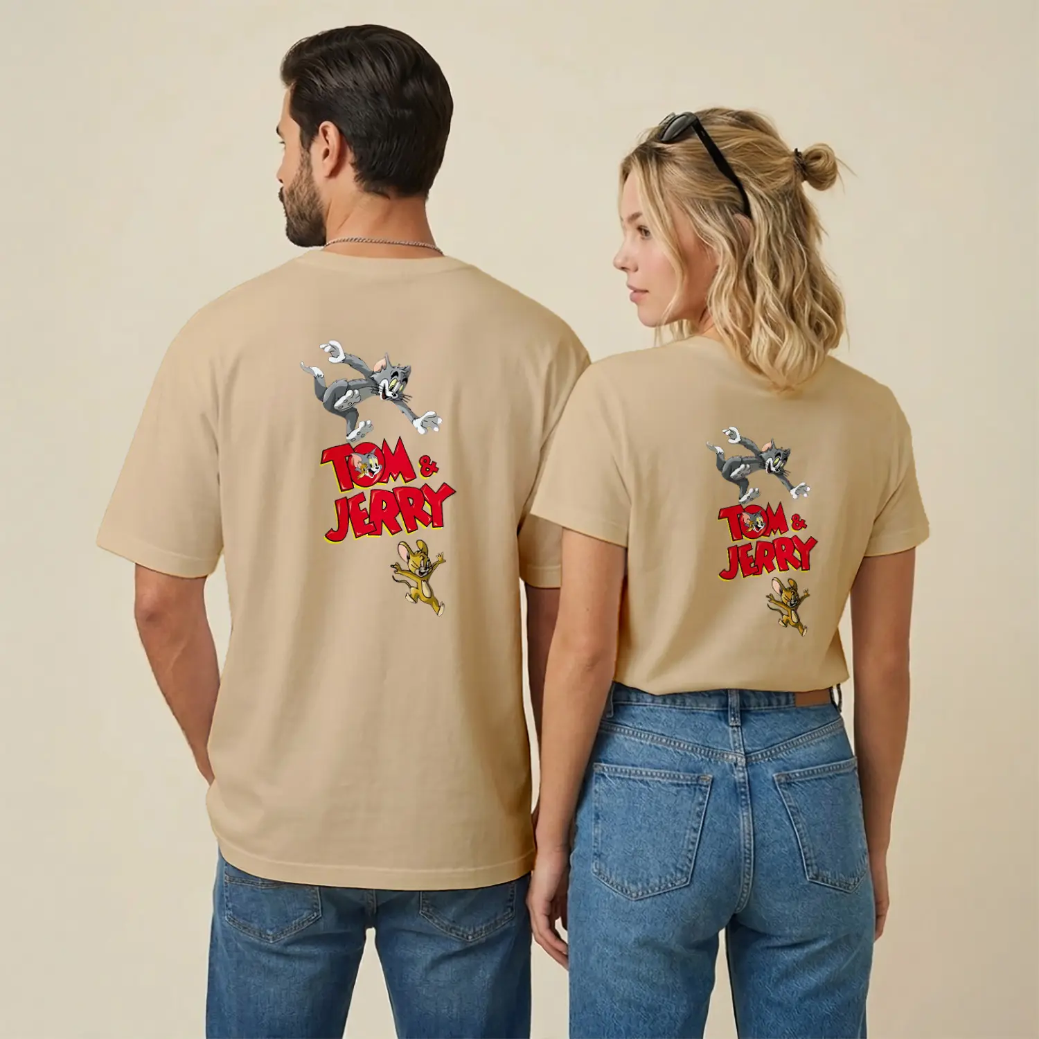 Kedi ve Fare Çizgi Film İkili Kovalamaça Baskılı Unisex Tişört