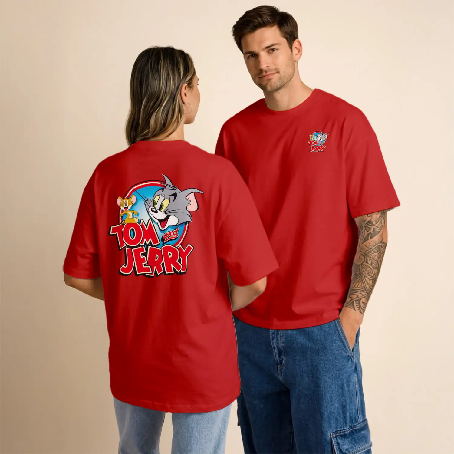 Kedi ve Fare Çizgi Film İkili Logo Baskılı Unisex Tişört