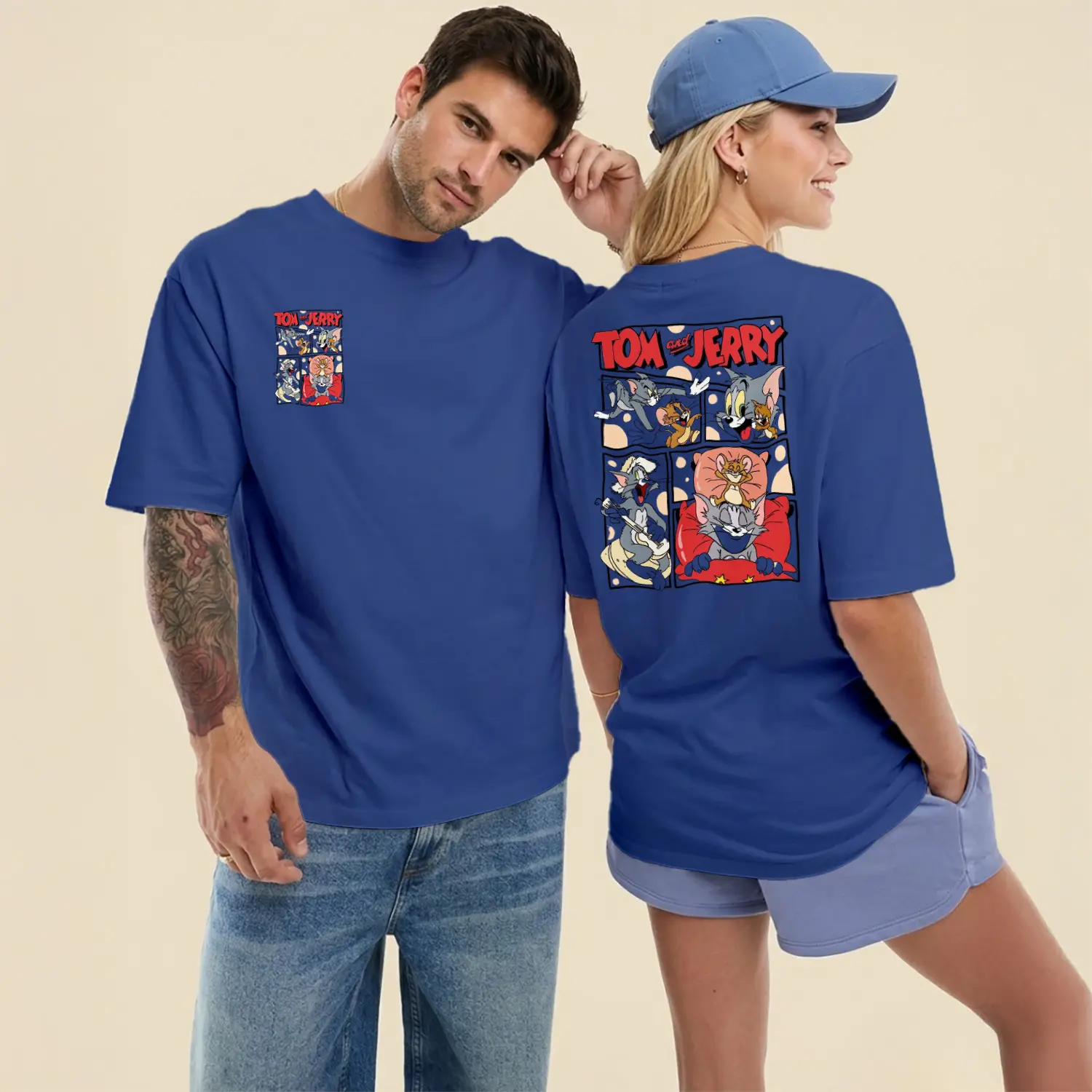 Kedi ve Fare Çizgi Roman Panelli Karikatür Figürlü Ön Arka Baskılı Unisex Tişört