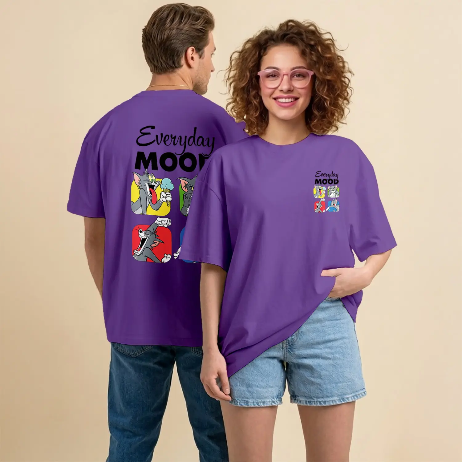 Kedi ve Fare Everyday Mood Çizgi Film Karakteri Baskılı Unisex Tişört