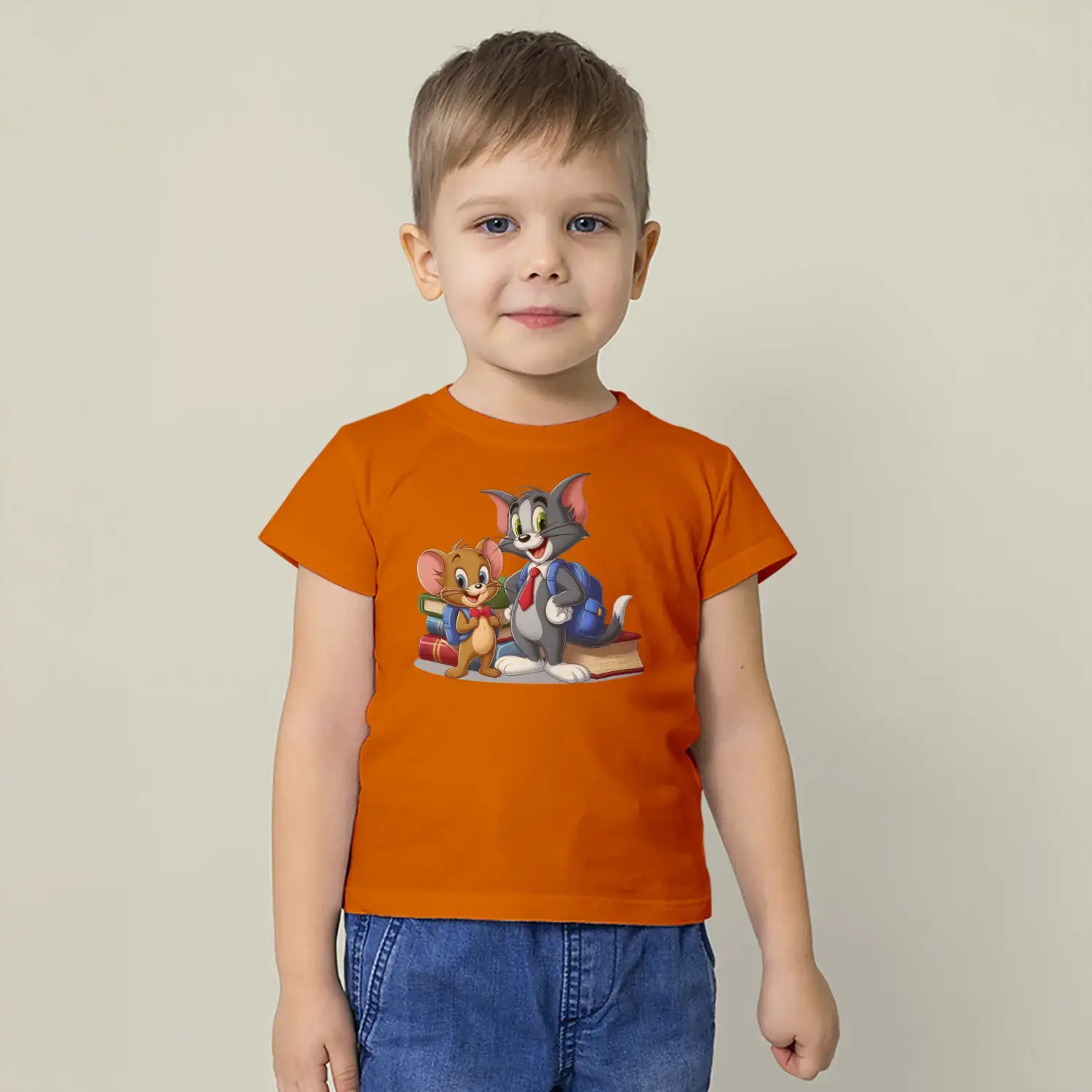 Kedi ve Fare İkili Okul Temalı Baskılı Erkek Çocuk Tişört