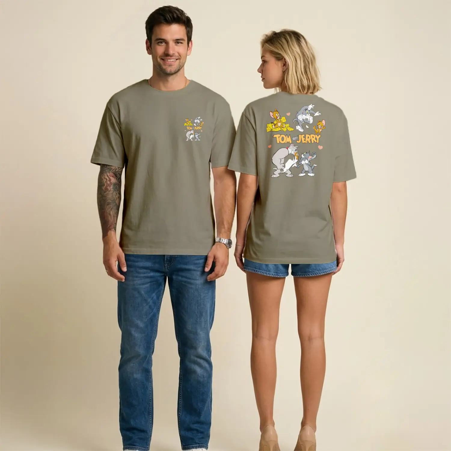 Kedi ve Fare Karikatür Figürlü Ön Arka Baskılı Unisex Tişört