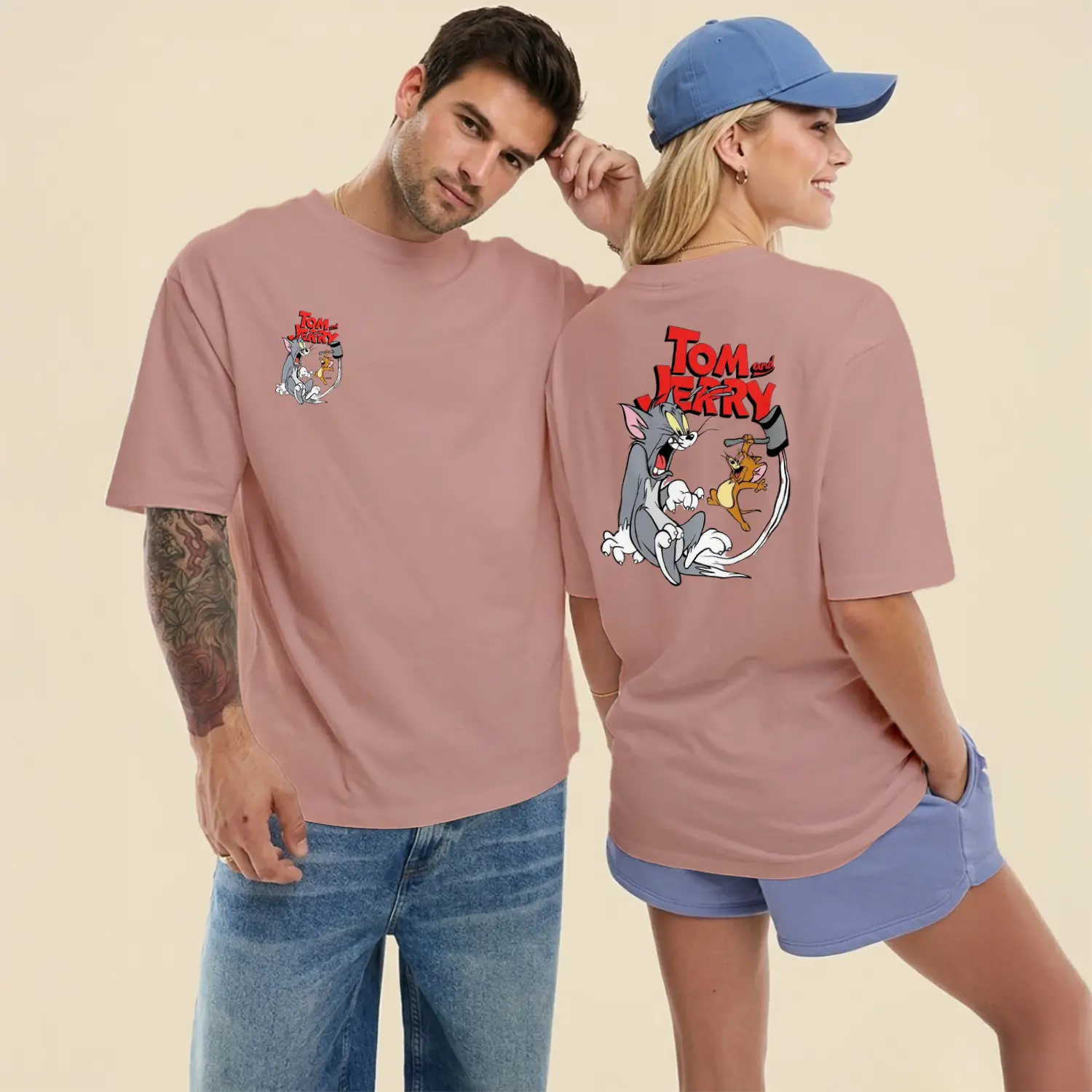 Kedi ve Fare Kovalamaca Temalı Karikatür Figürlü Ön Arka Baskılı Unisex Tişört