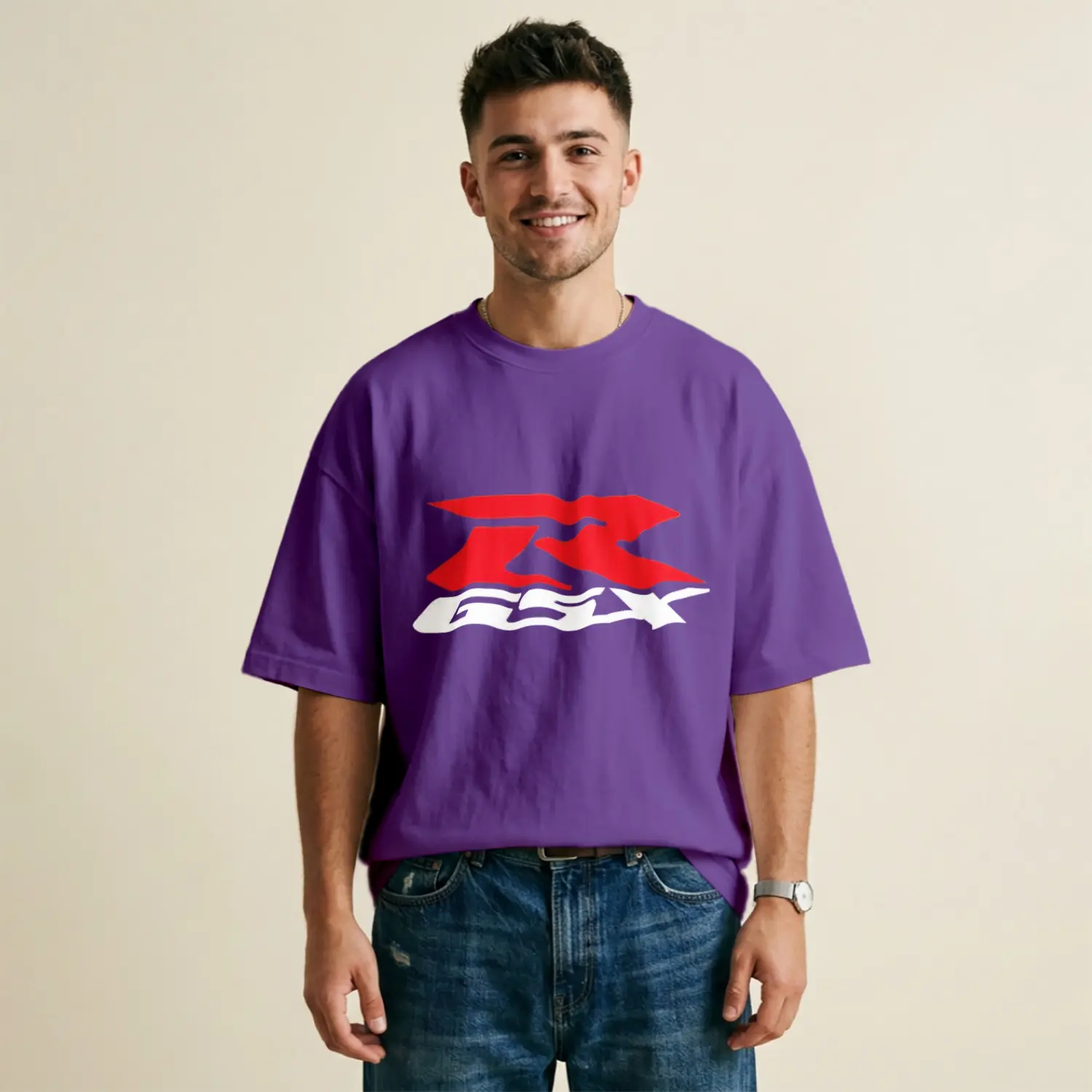 Kırmızı Beyaz Grafik Desenli Bej Baskılı Erkek Tişört