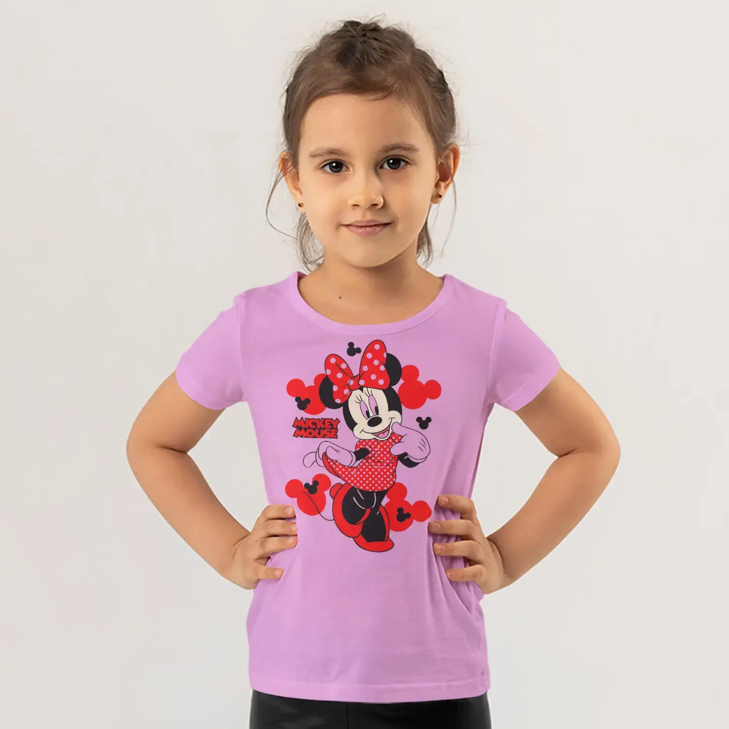 Kırmızı Puantiyeli Fiyonklu Fare Kız Kırmızı Siluet Baskılı Kız Çocuk Tişörtü