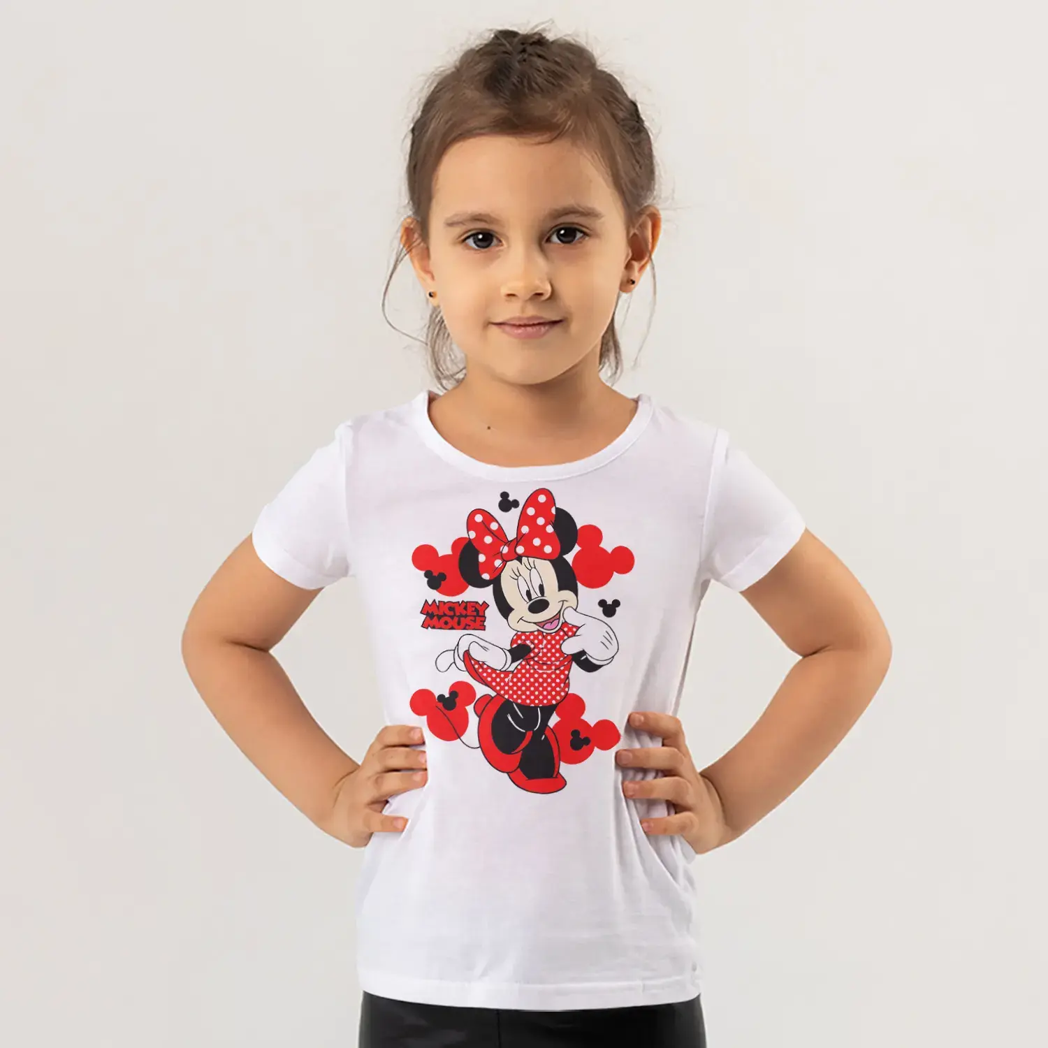 Kırmızı Puantiyeli Fiyonklu Fare Kiz Kırmızı Siluet Baskılı Kiz Çocuk Tisortu Tişörtü