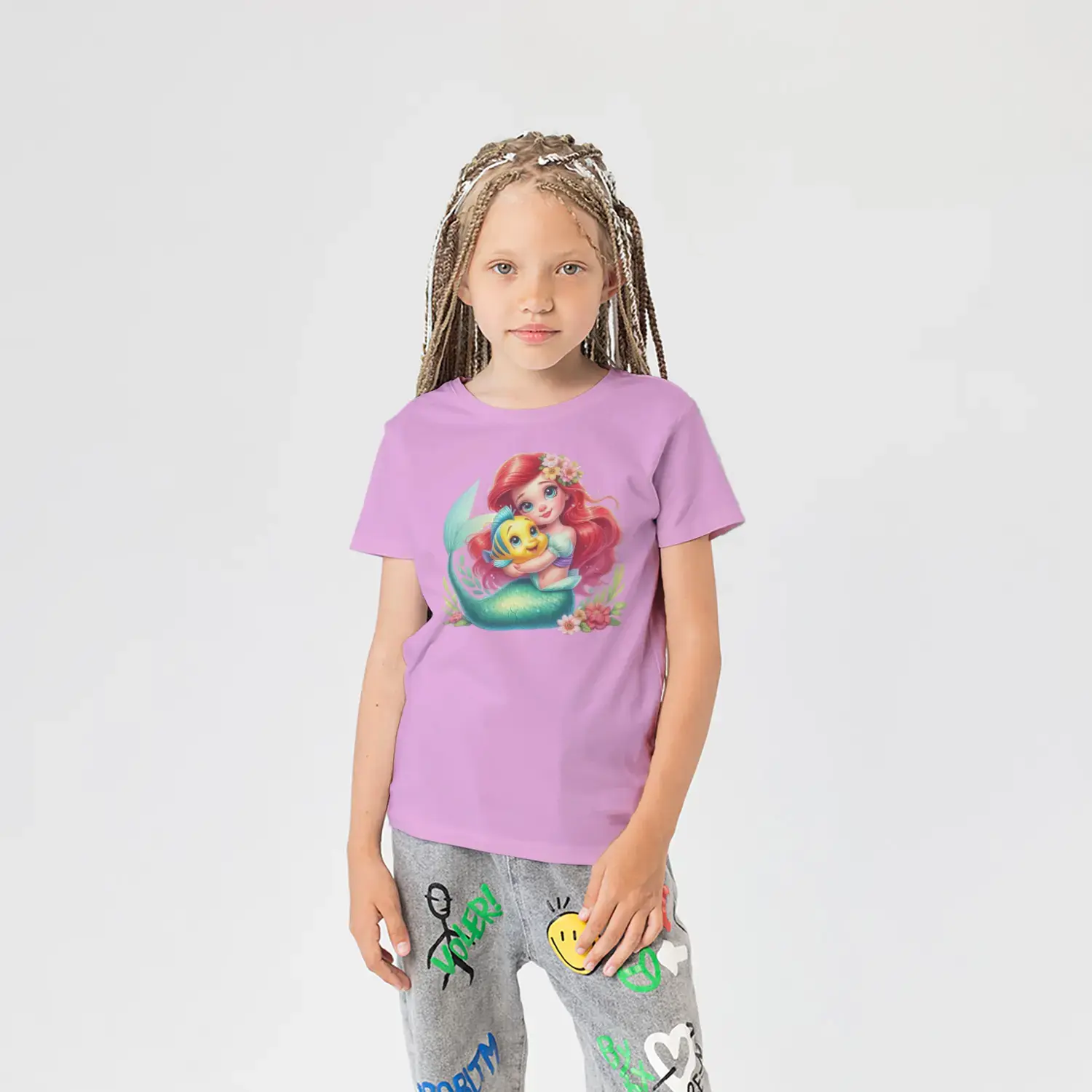 Kızıl Saçlı Deniz Kızı ve Sarı Balık Arkadaşı Baskılı Kız Çocuk Tişörtü