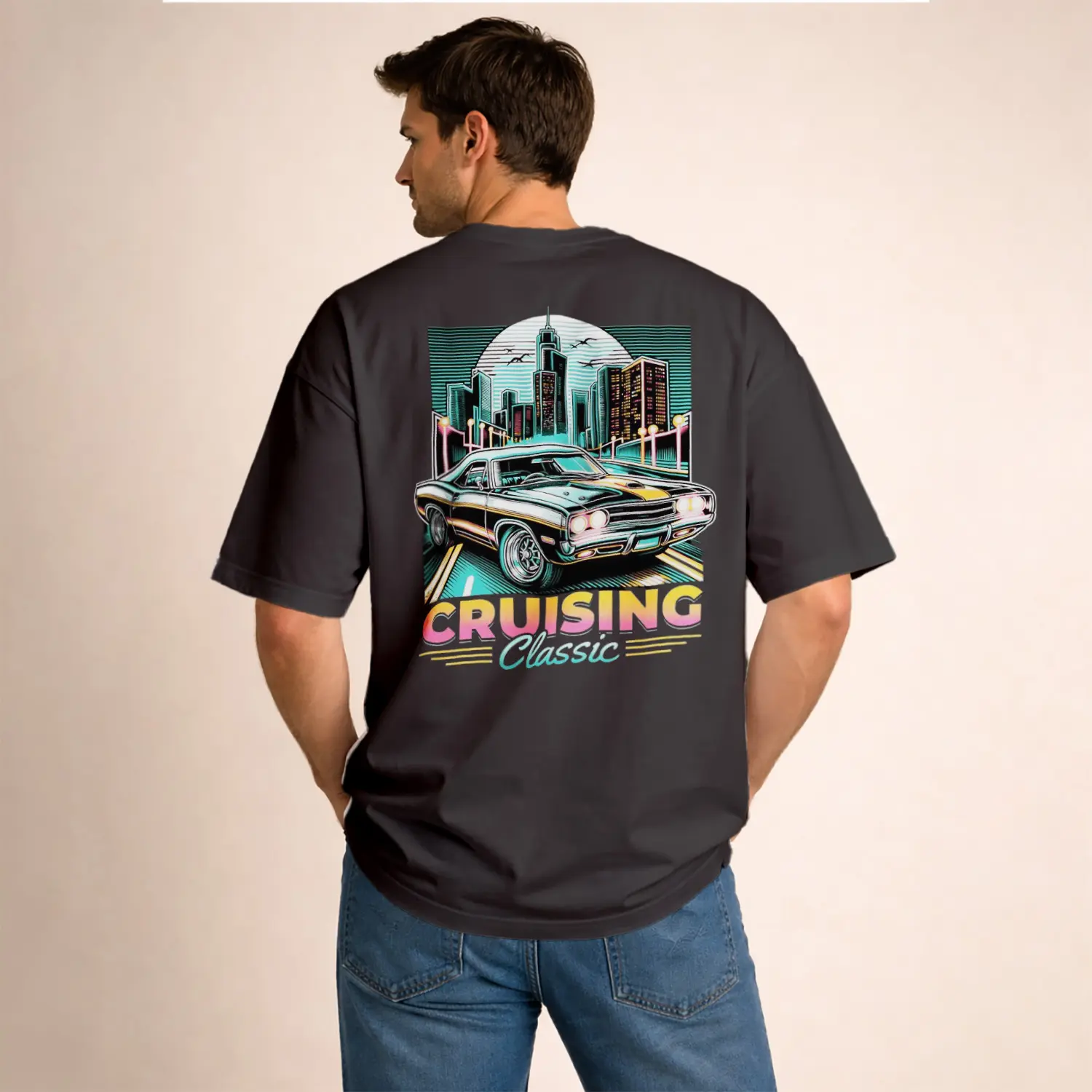 Klasik Araba ve Şehir Temalı Baskılı Erkek Tişört