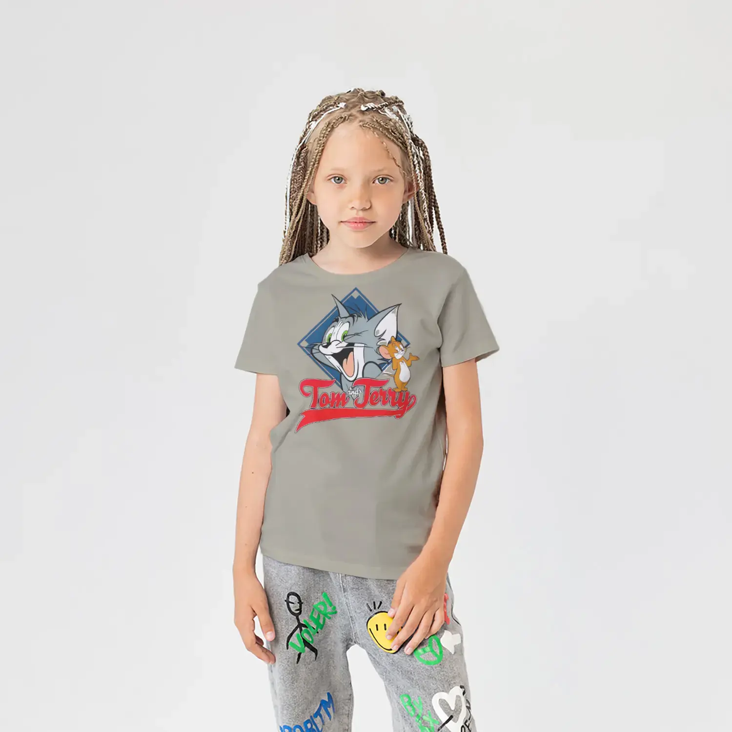 Komik Kedi ve Fare İkili Karikatür Baskılı Kız Çocuk Tişörtü