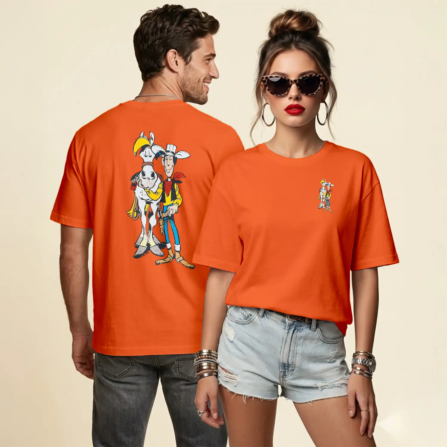 Kovboy Çizgi Film Karakteri ve Atı Figürü Baskılı Unisex Tişört