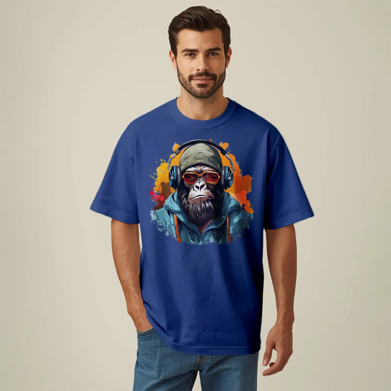 Kulaklık ve Şapka Maymun Desenli Baskılı Erkek Tişört