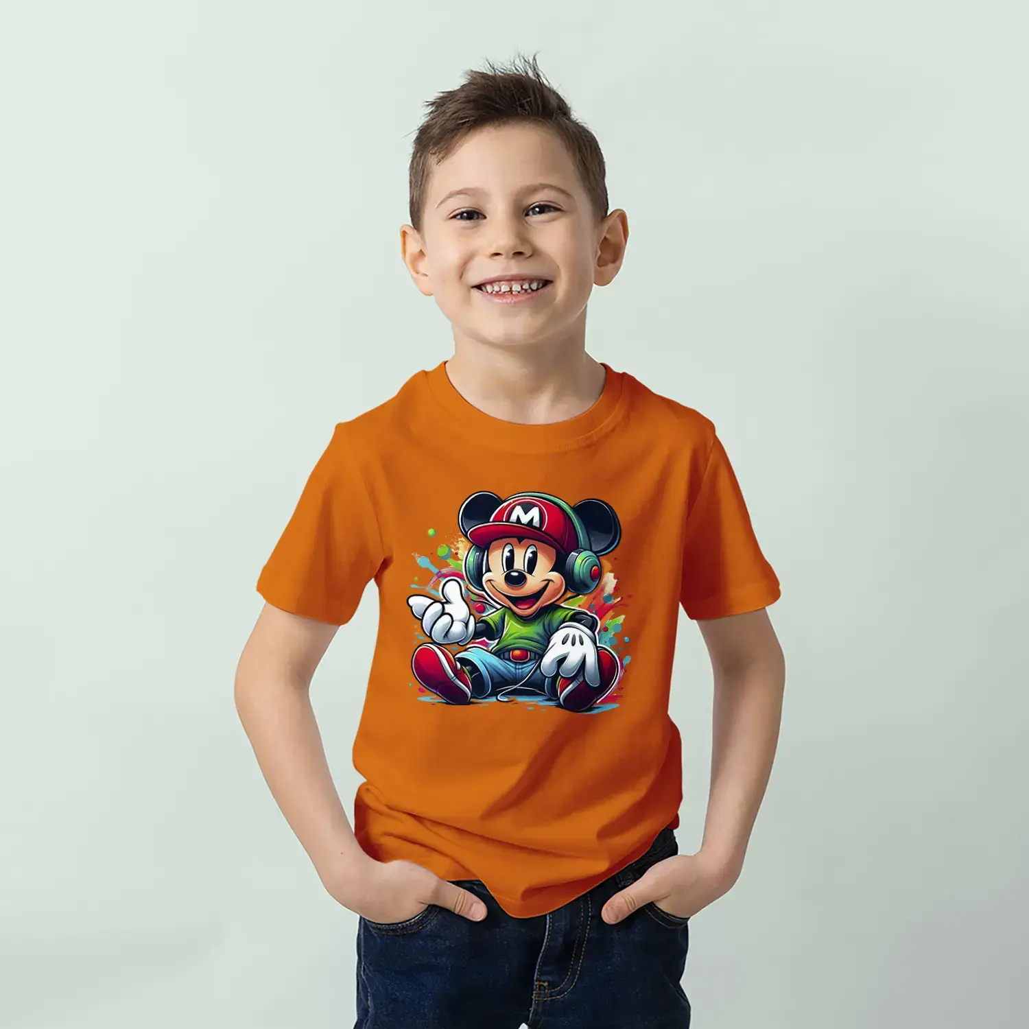 Kulaklıklı Sevimli Fare Baskılı Erkek Çocuk Tişört