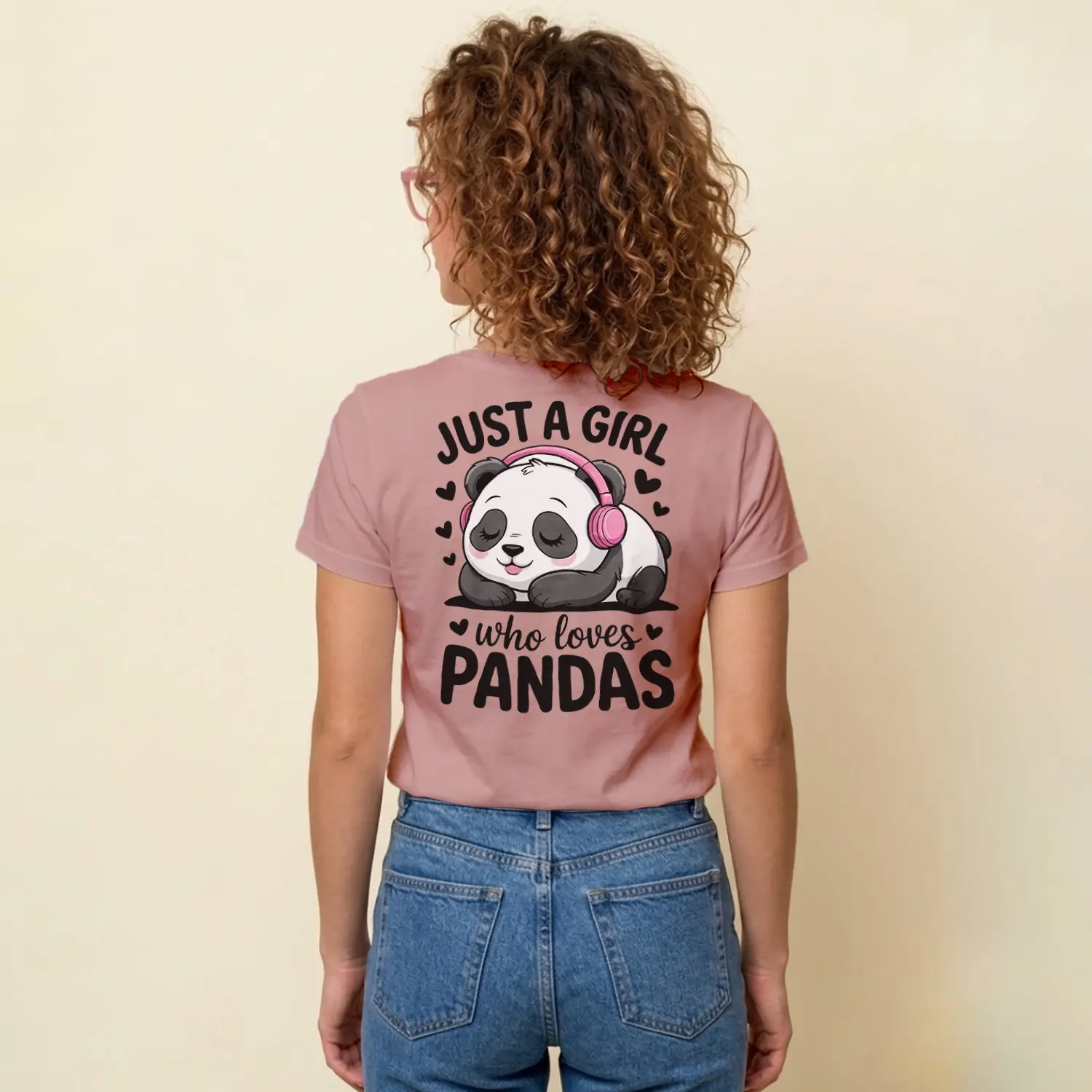 Kulaklıklı Sevimli Panda Tasarım Baskılı Kadın Tişört