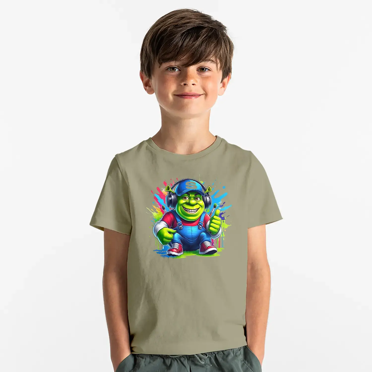 Kulaklikli Yeşil Canavar Baskılı Erkek Çocuk Tişörtü