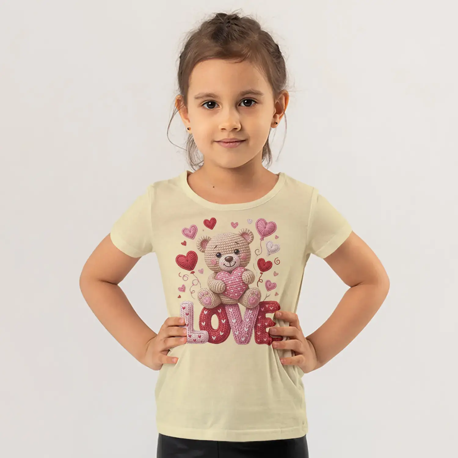 Love Yazılı Örgü Dokulu Kalp Tutan Sevimli Ayıcık Baskılı Kız Çocuk Tişörtü