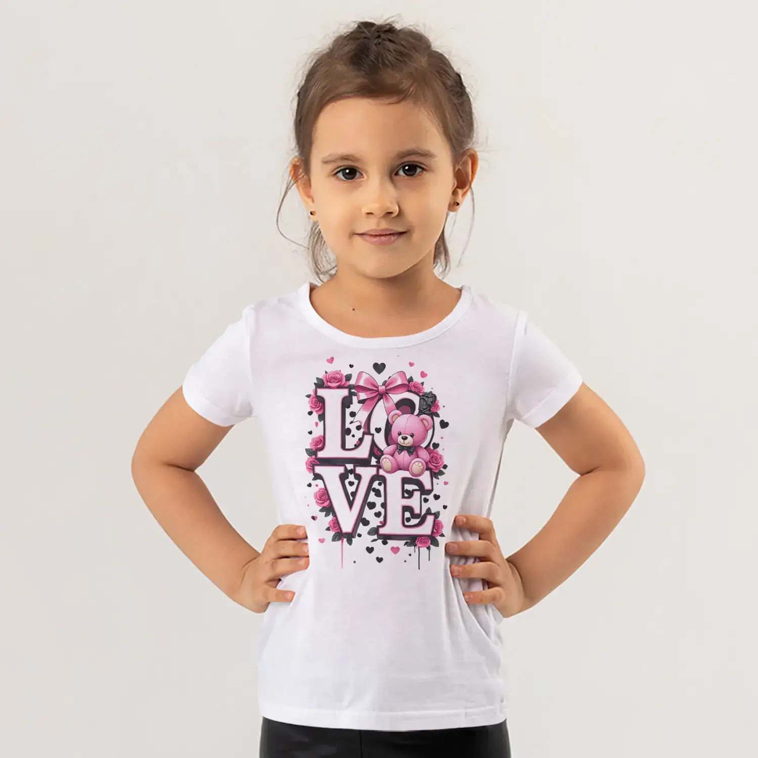 Love Yazılı Pembe Ayicik Gul Ve Kalp Suslemeli Baskılı Kiz Çocuk Tisortu Tişörtü