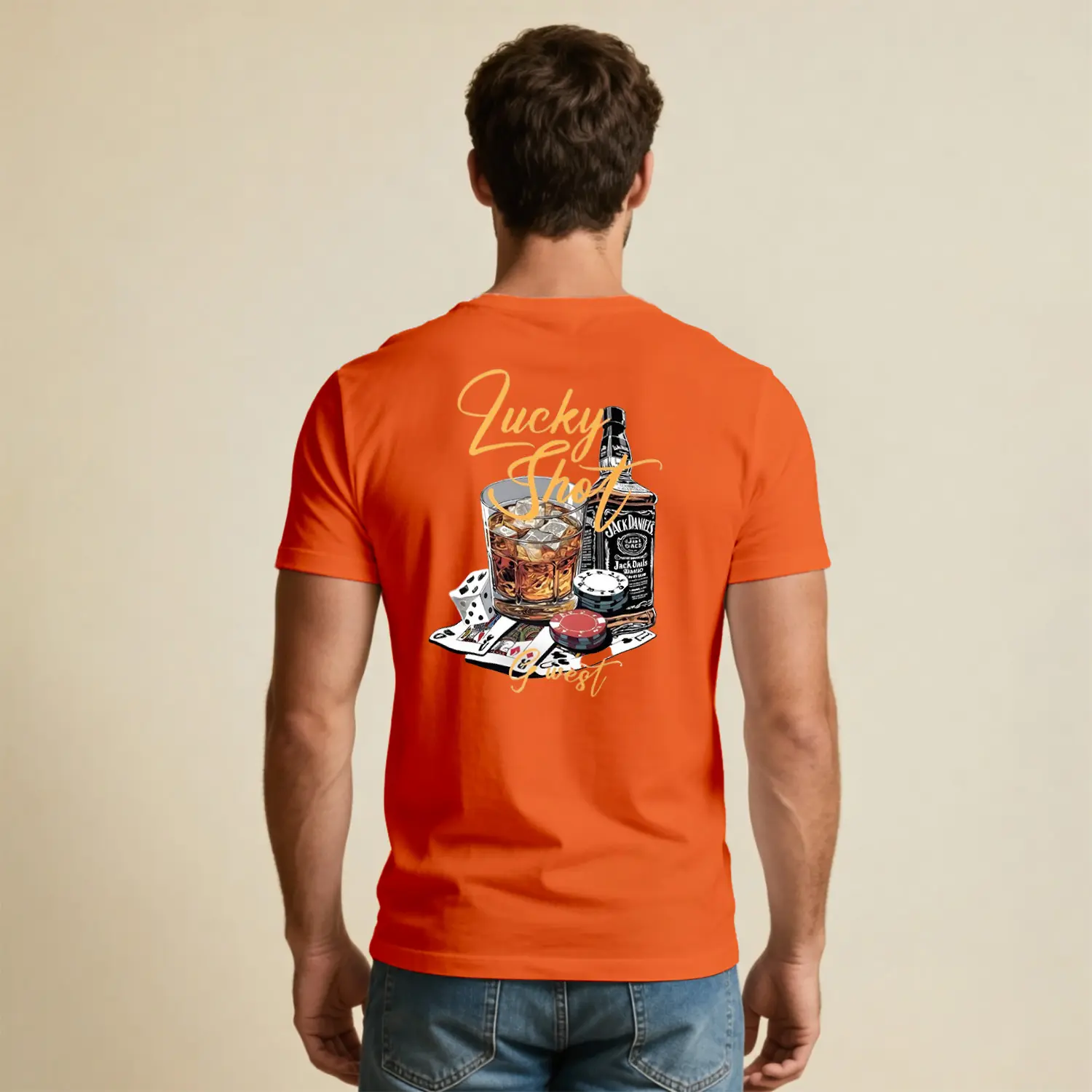 Lucky Shot Viski Şişesi Poker Temalı Baskılı Erkek Tişört