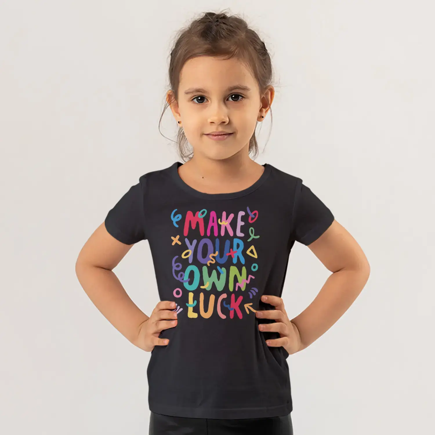 Make Your Own Luck Renkli Motivasyon Yazı Baskılı Kız Çocuk Tişörtü