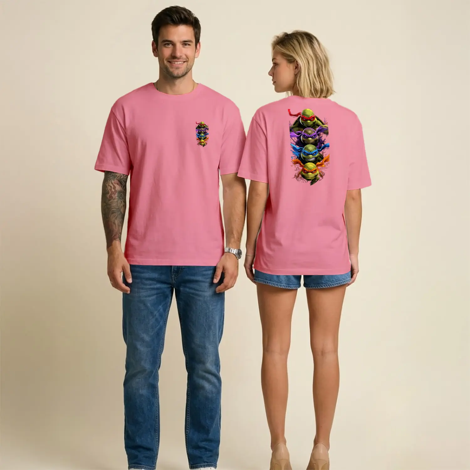 Maskeli Kahraman Kaplumbağalar Figürlü Ön Arka Baskılı Unisex Tişört