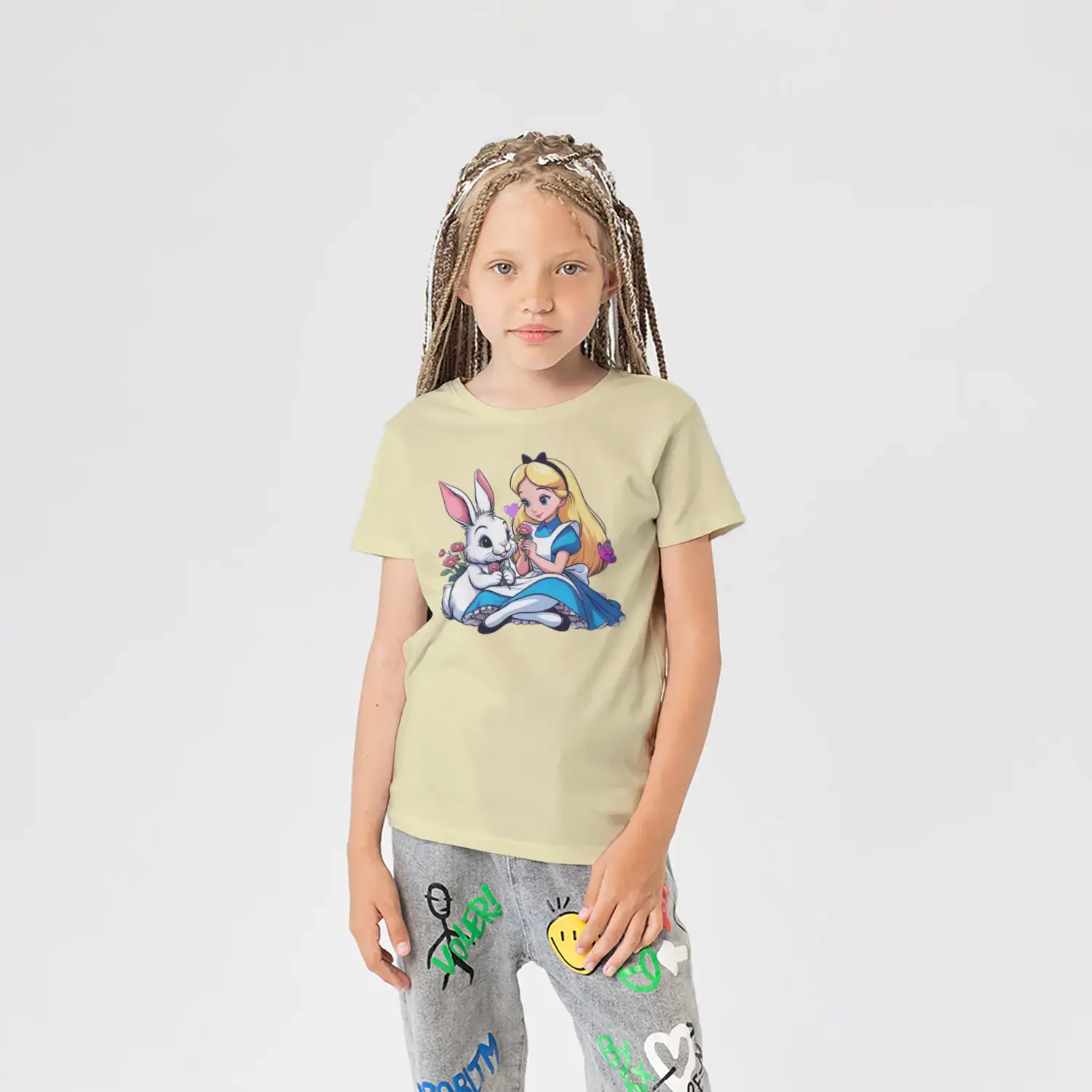 Mavi Elbiseli Sarışın Kız ve Beyaz Tavşan Baskılı Kız Çocuk Tişörtü