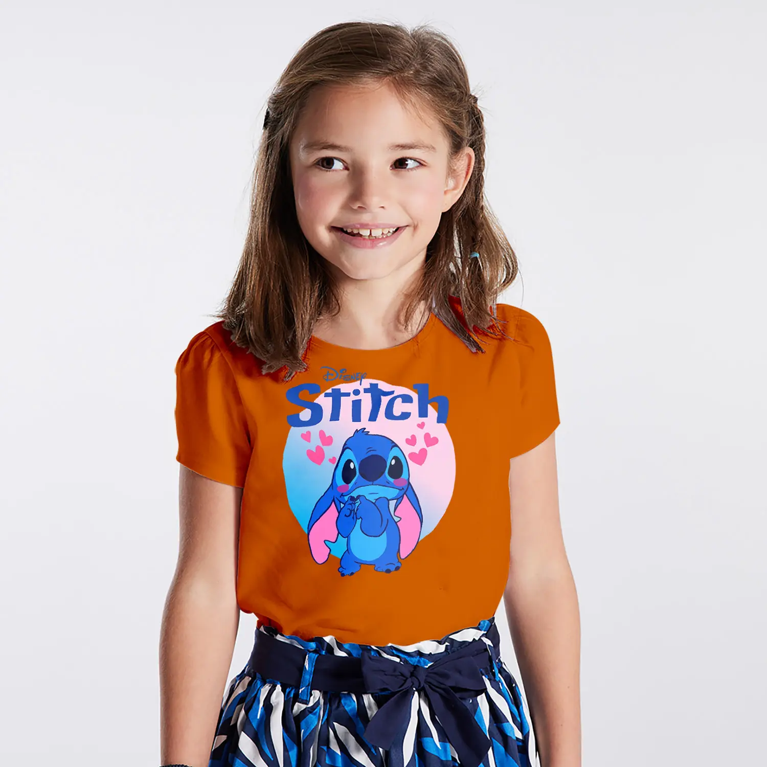 Mavi Uzaylı Yaratık Kalpli Figürlü Baskılı Kız Çocuk Tişörtü