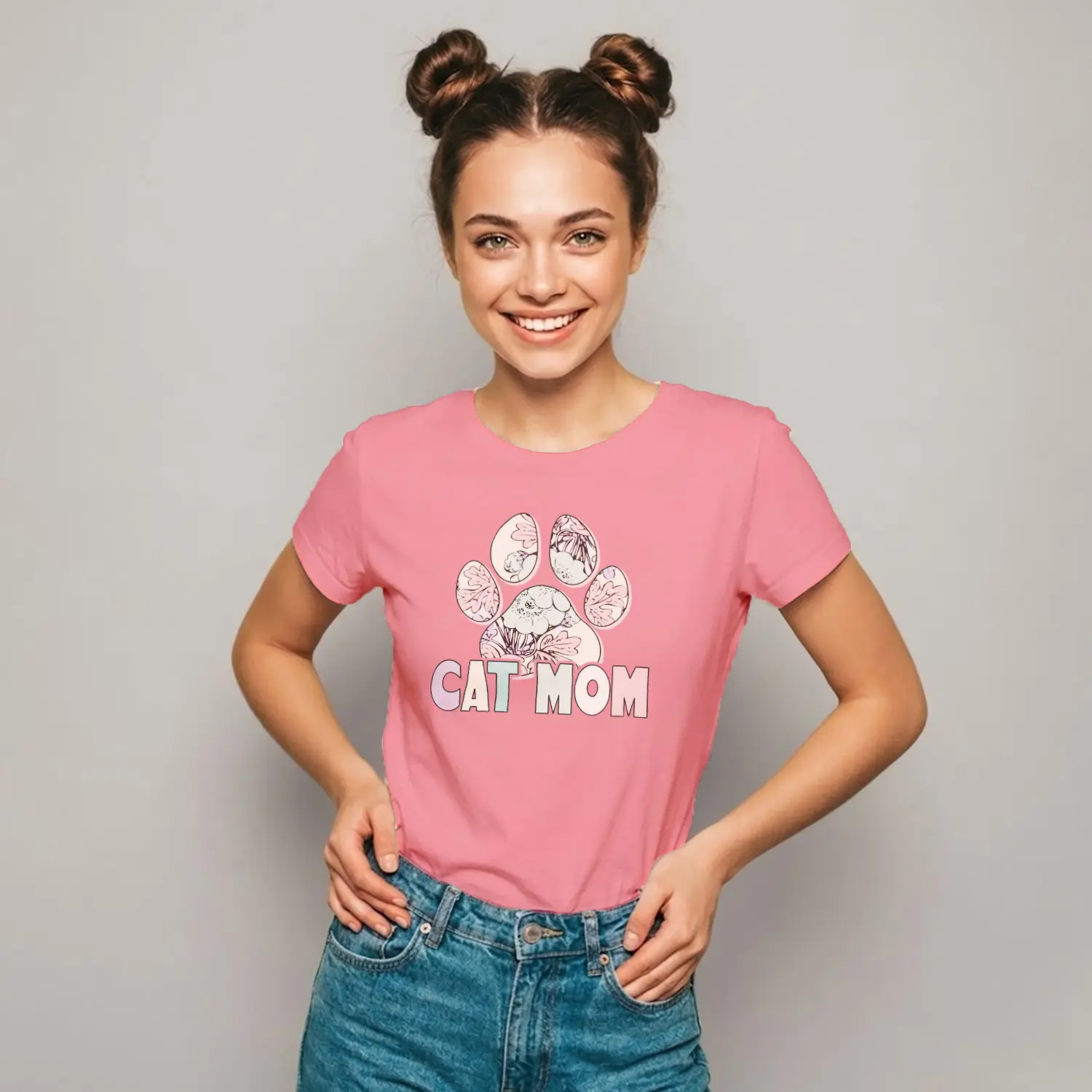 Minimal Desenli Cat Mom Baskılı Kadın Tişörtü