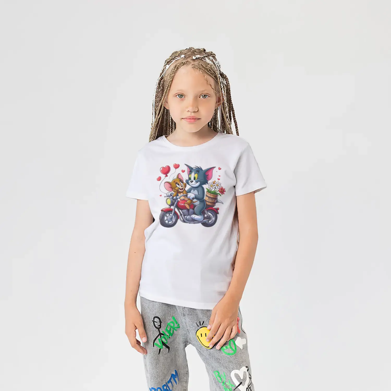 Motosikletli Kedi ve Fare Arkadaşlar Baskılı Kız Çocuk Tişörtü