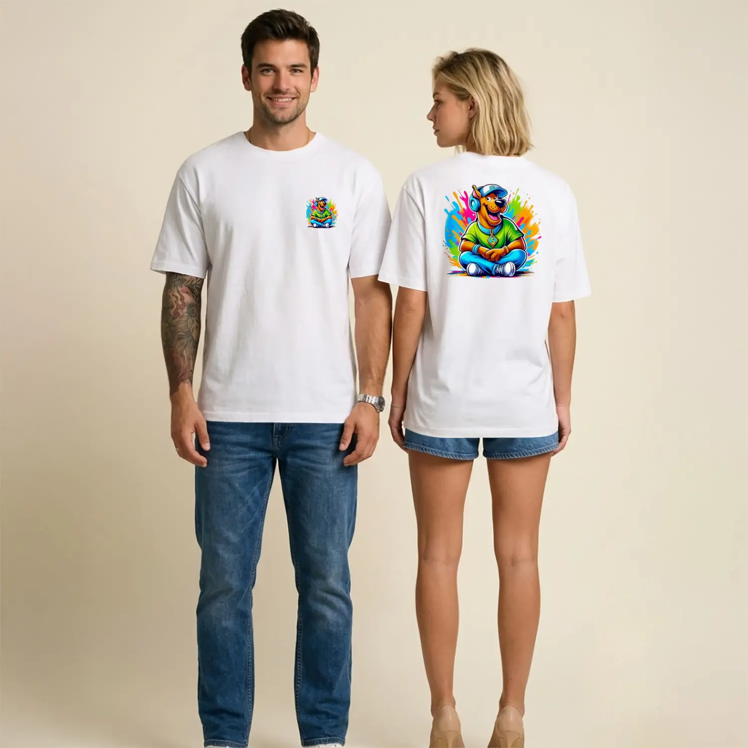 Müzisyen Köpek Karikatür Hip Hop Figürlü Ön Arka Baskılı Unisex Tişört