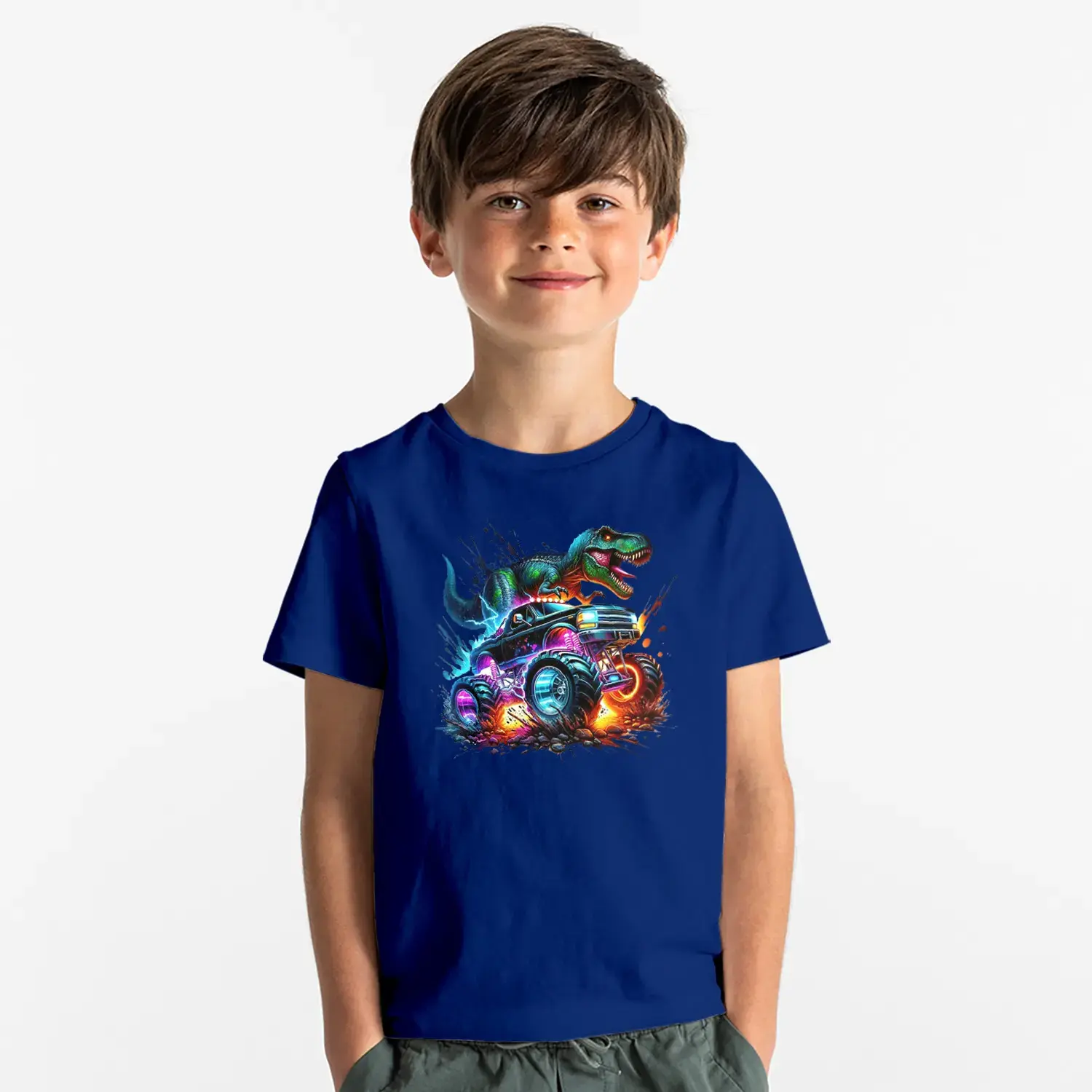 Neon Dinozor Arabalı Baskılı Erkek Çocuk Tişört