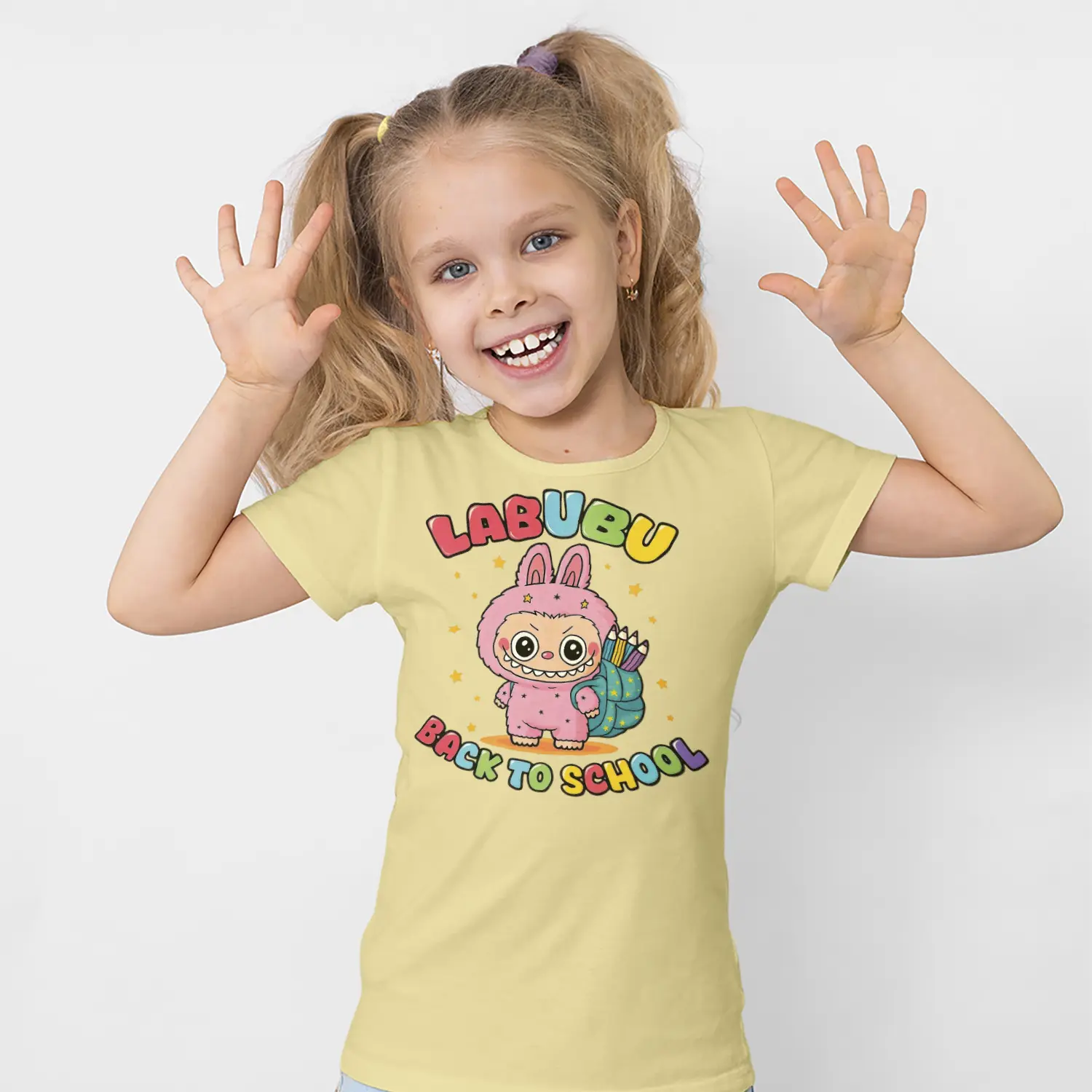 Okul Çantalı Sevimli Tavşan Karikatür Figürlü Baskılı Kız Çocuk Tişörtü