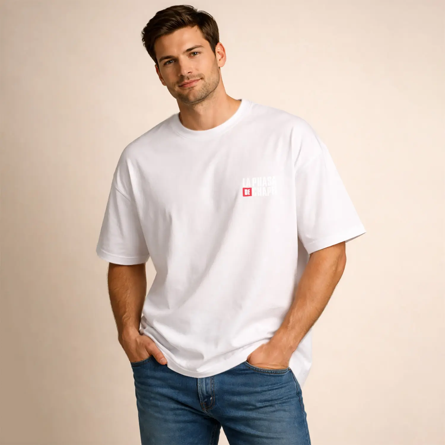 Oversize Kırmızı Beyaz Yazı Desenli Baskılı Erkek Tişörtü