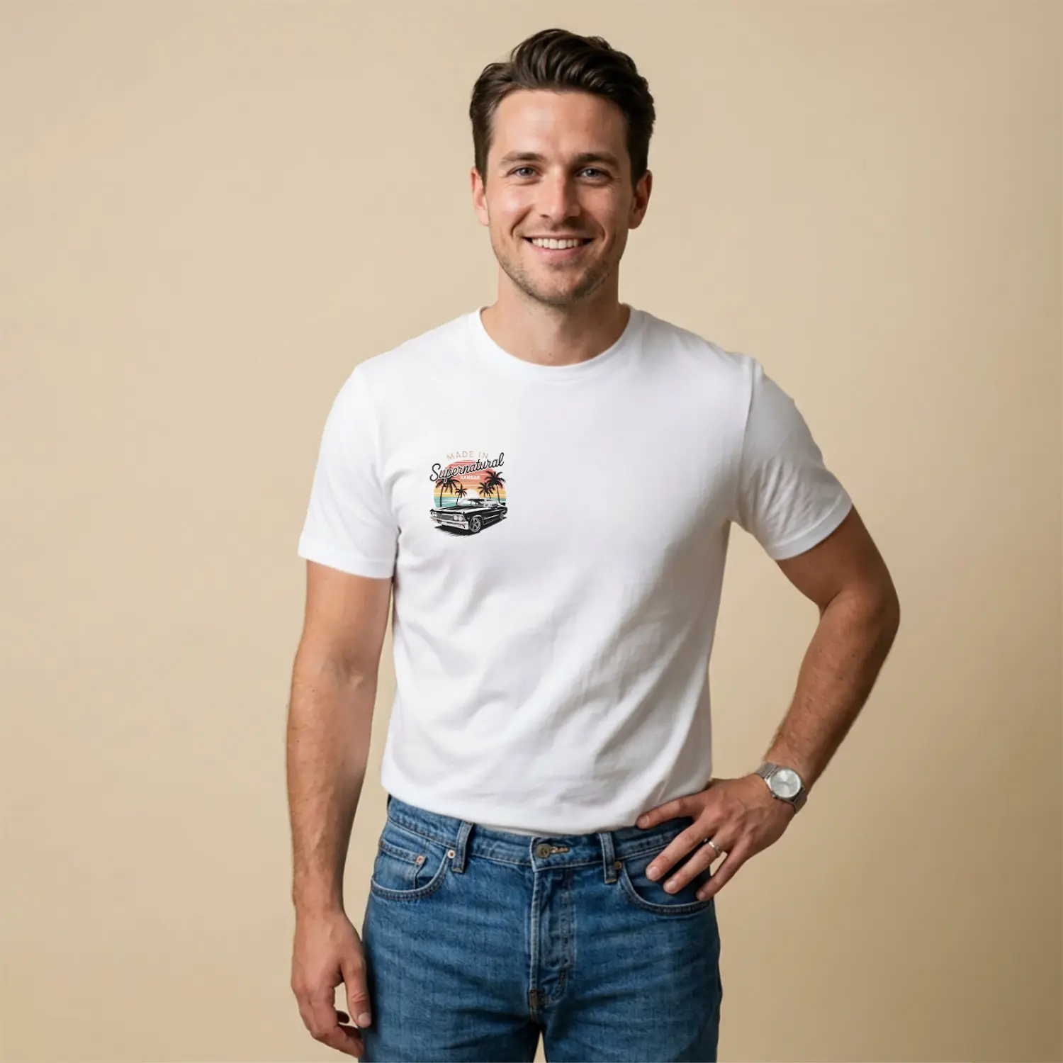 Palmiyeli Retro Siyah Araba Baskılı Erkek Tişörtü