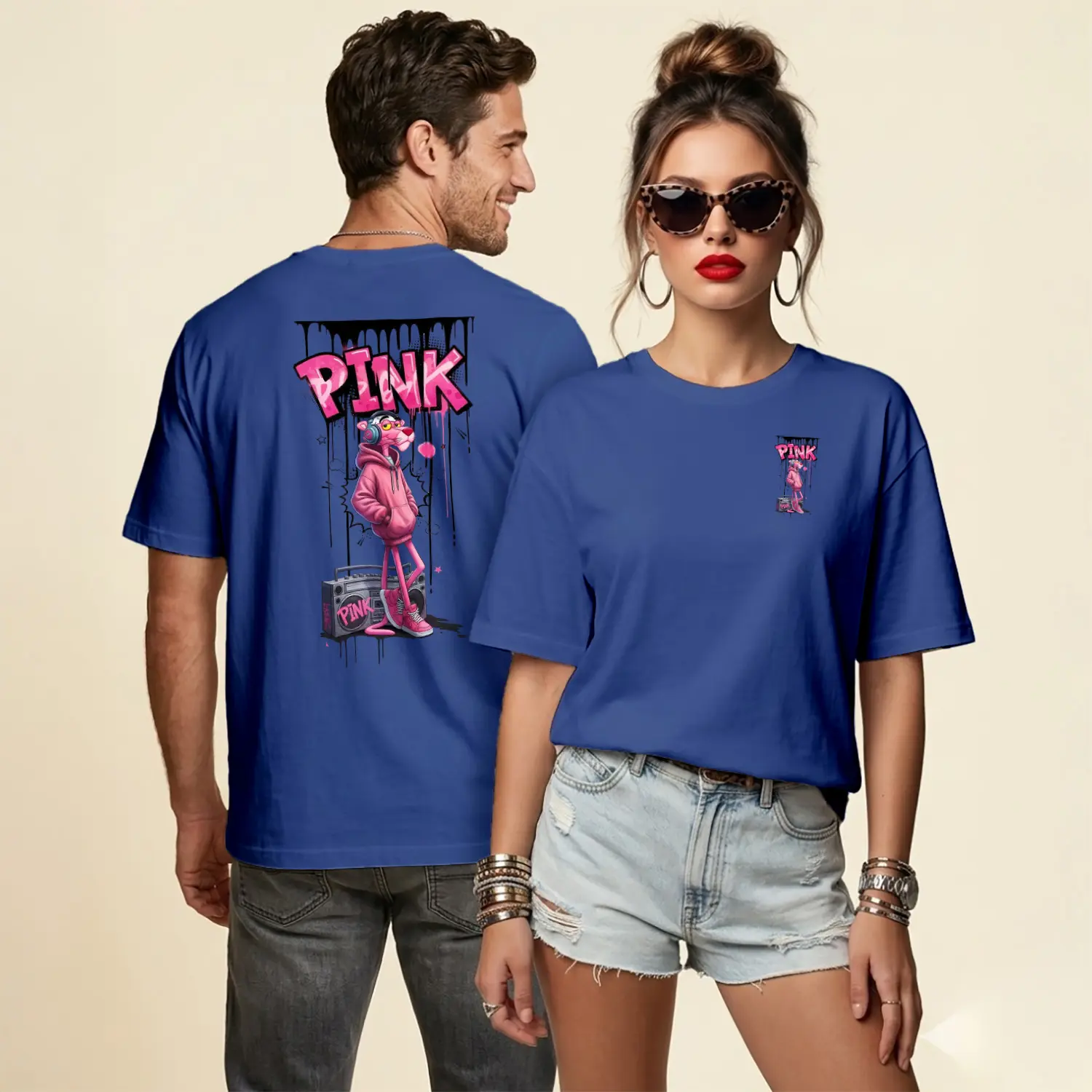 Pembe Panter Figürü Hip Hop Graffiti Baskılı Unisex Tişört