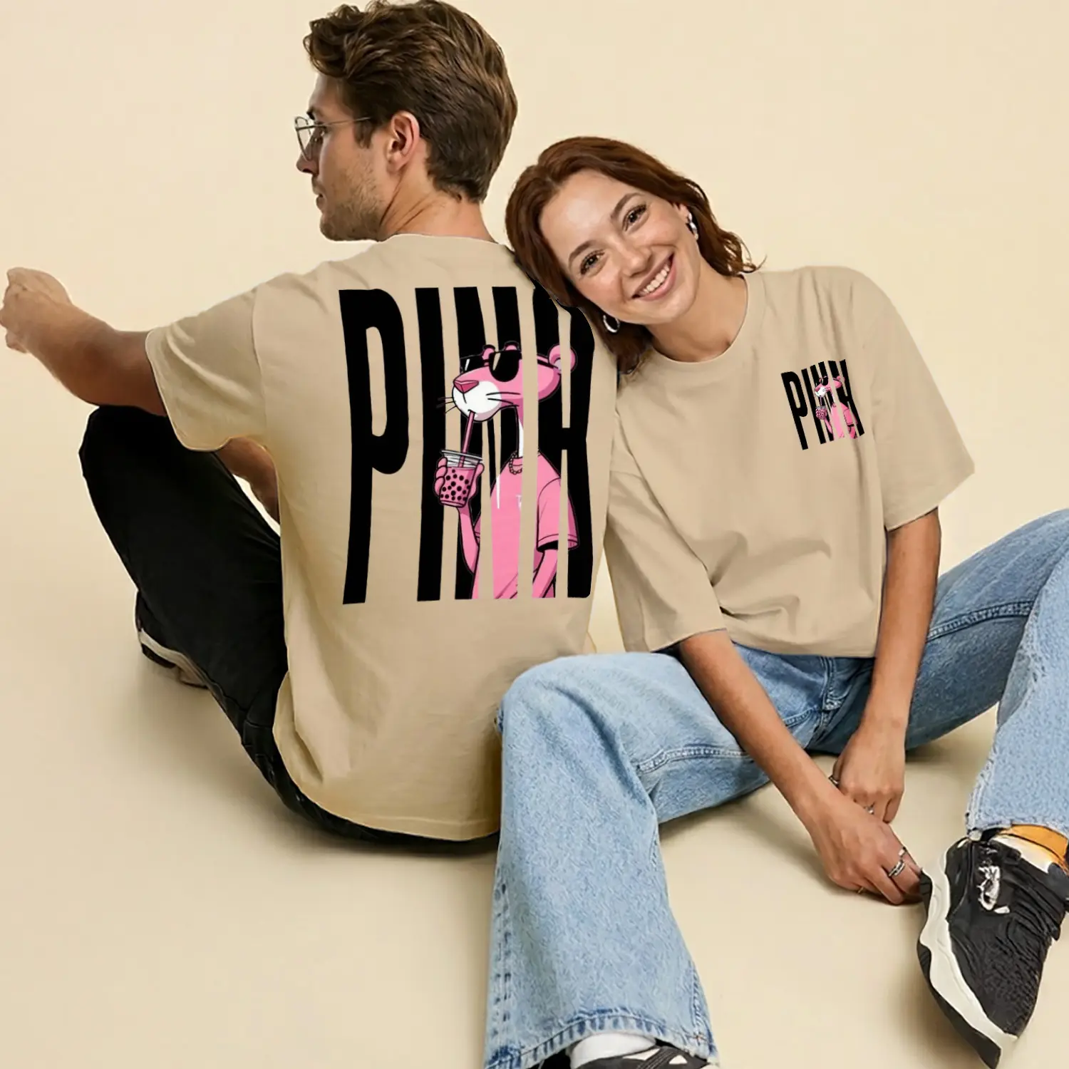 Pembe Panter Figürü Pink Yazılı Baskılı Unisex Tişört