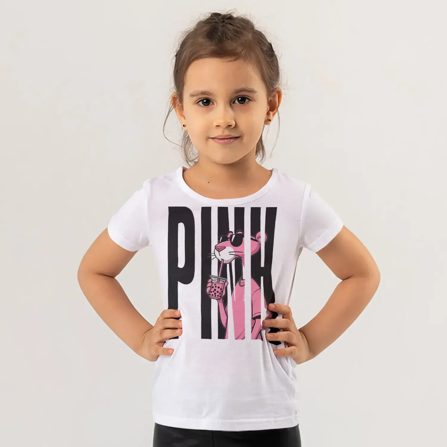 Pink Yazılı Gunes Gozluklu Pembe Panter Baskılı Kiz Çocuk Tisortu Tişörtü