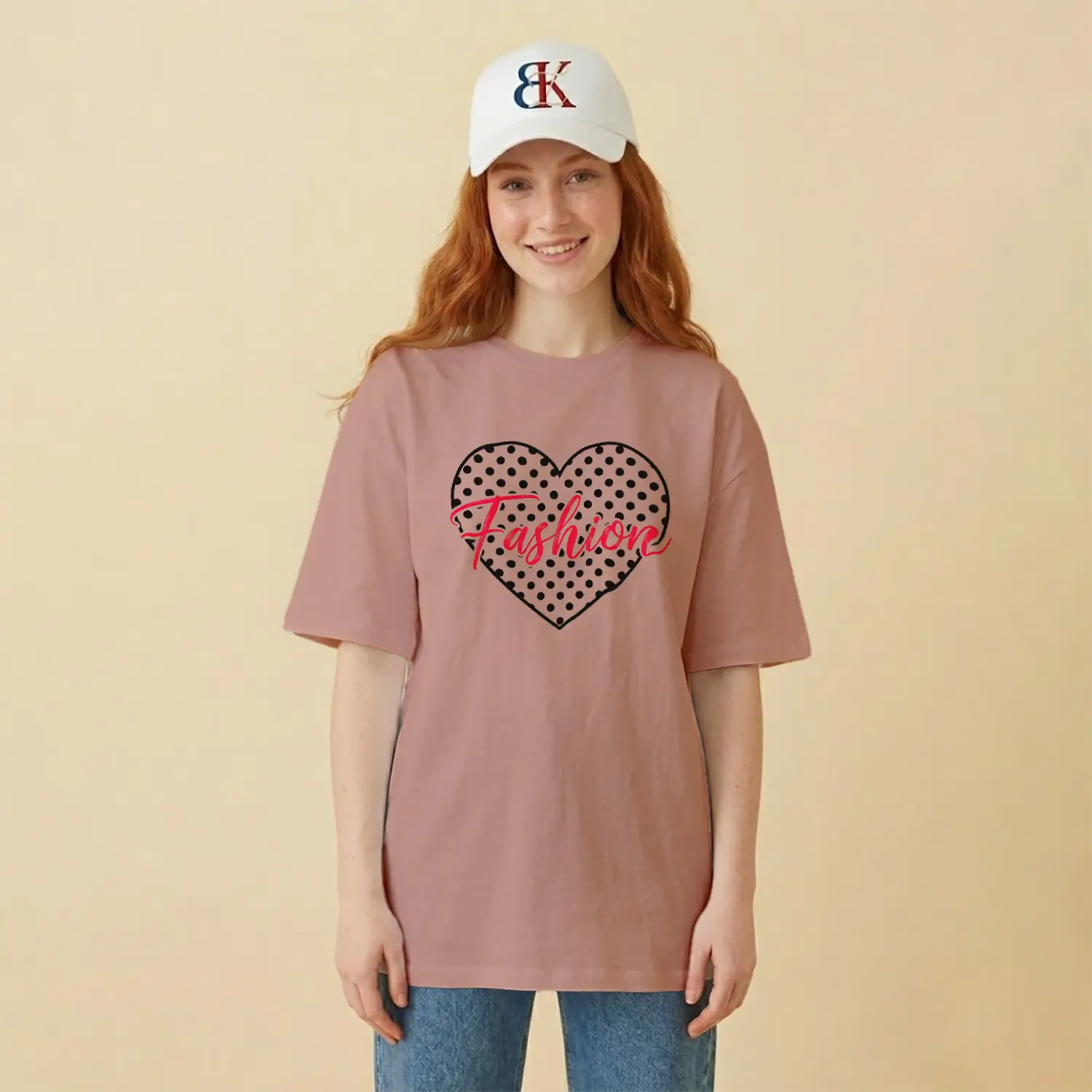 Puantiye Kalp Desenli Pudra Baskılı Kadın Tişört