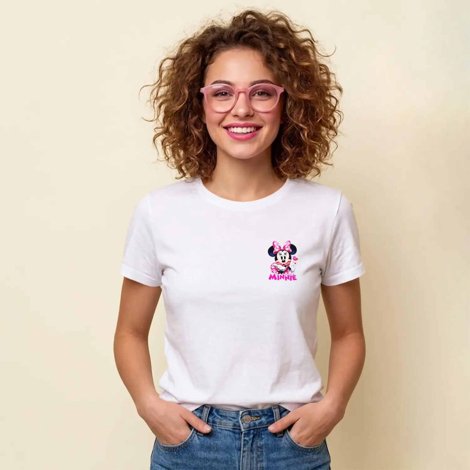 Puantiyeli Kurdeleli Sevimli Fare Karakter Baskılı Kadın Tişörtü