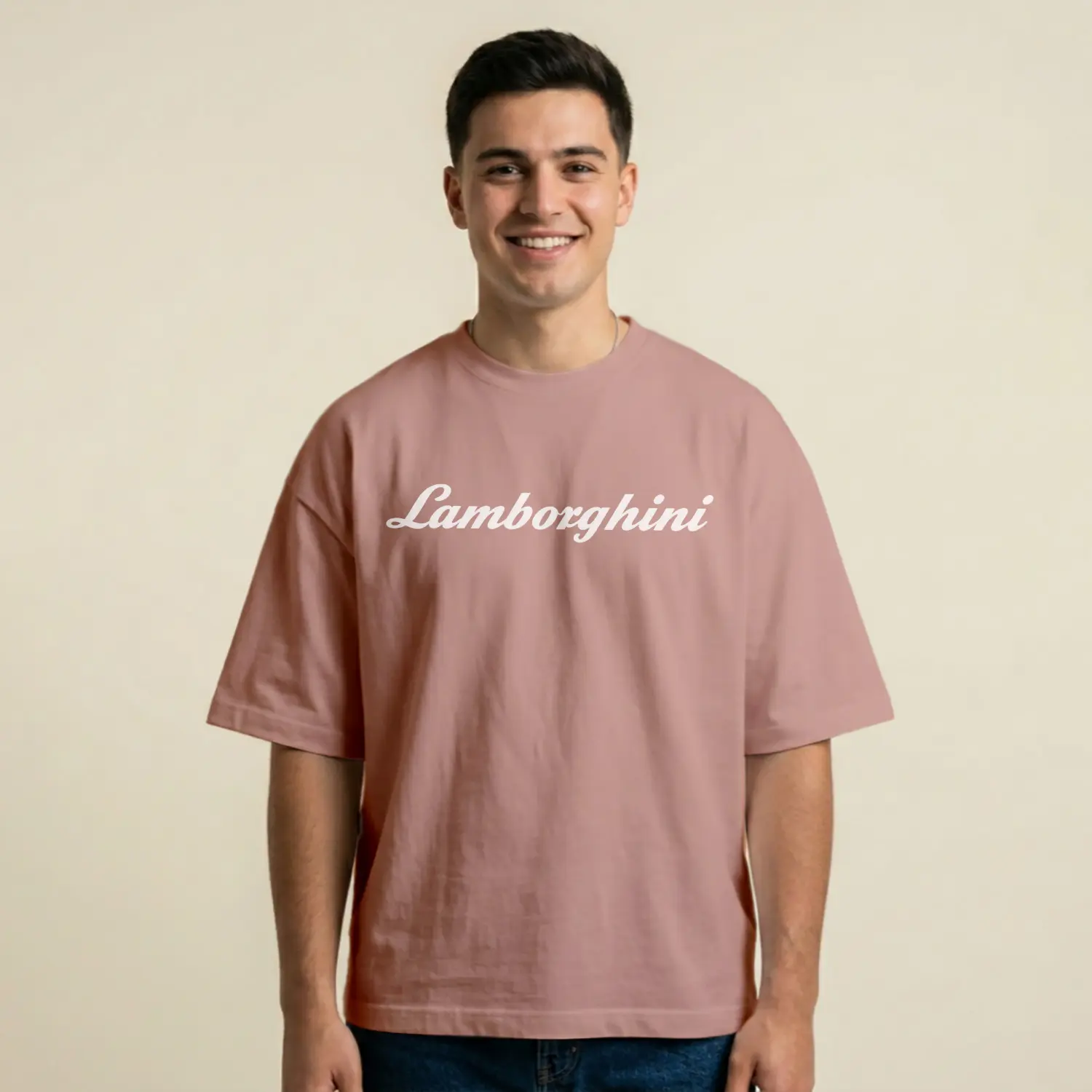 Pudra Renk Beyaz Yazı Baskılı Erkek Tişört