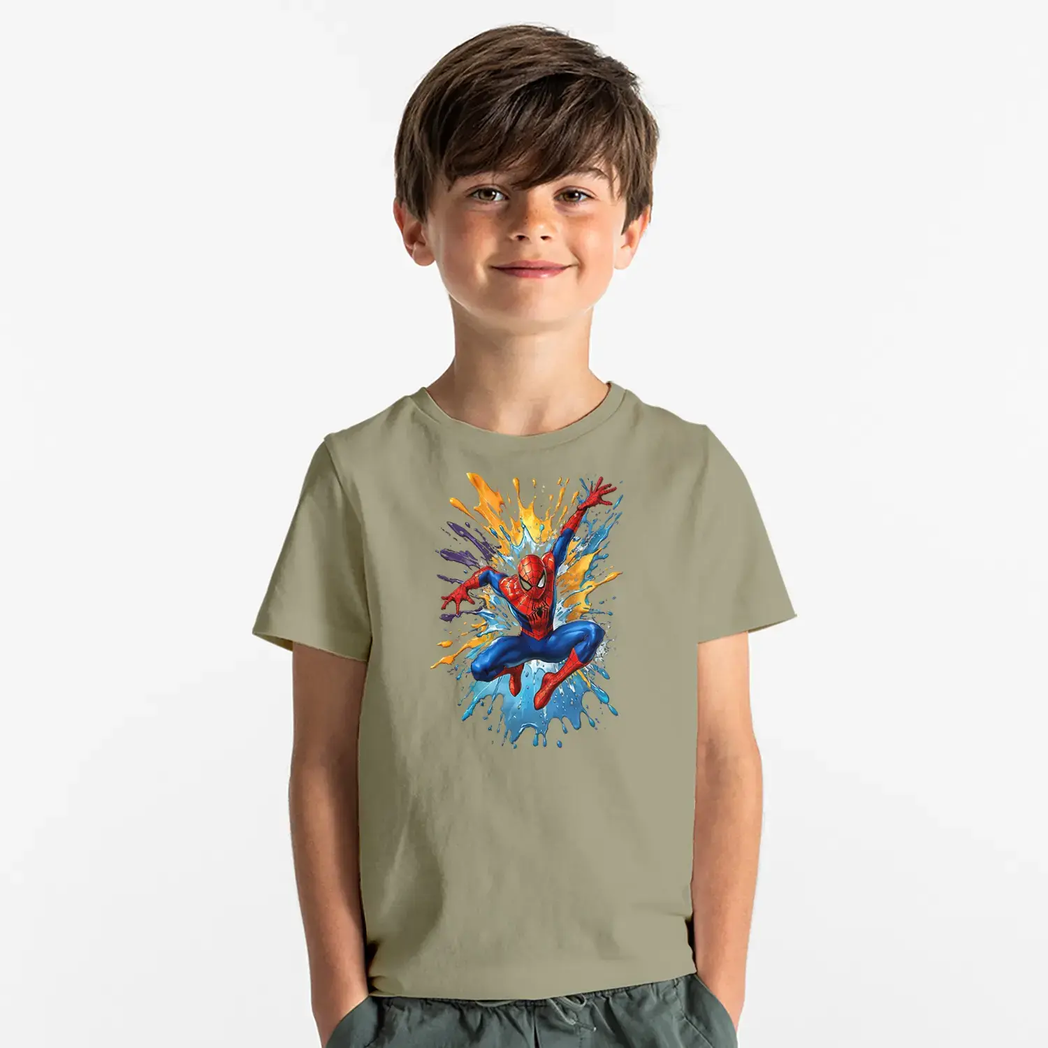 Renk Patlamali Ziplayan Ag Atan Super Kahraman Baskılı Erkek Çocuk Tişörtü