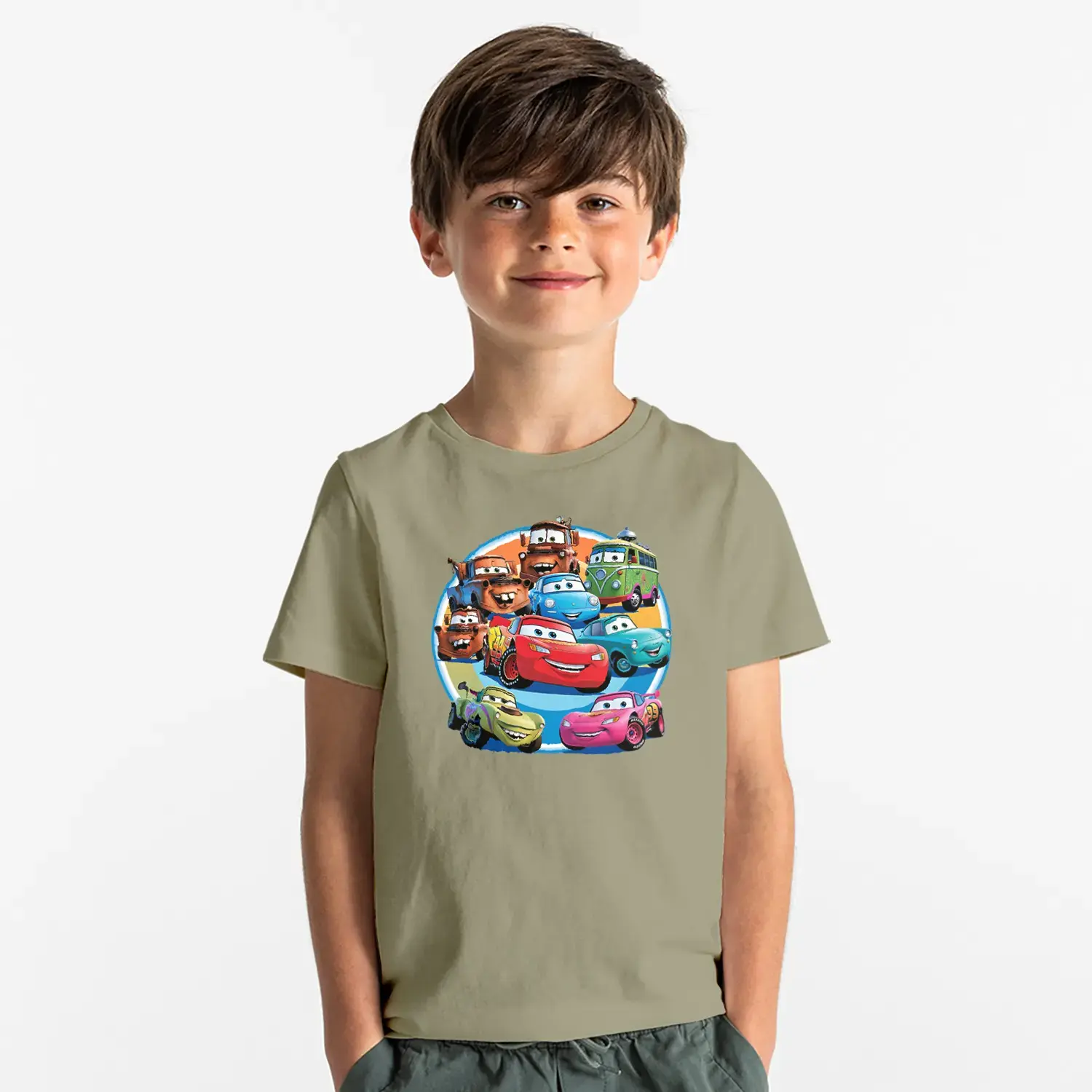 Renkli Arabalar Cizgi Karakter Baskılı Erkek Çocuk Tişörtü