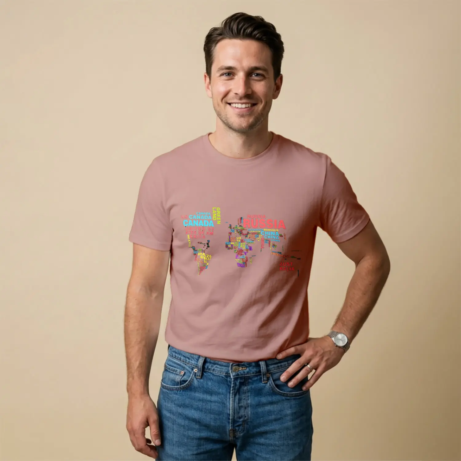 Renkli Dünya Haritasi Temalı Baskılı Erkek Tişörtü