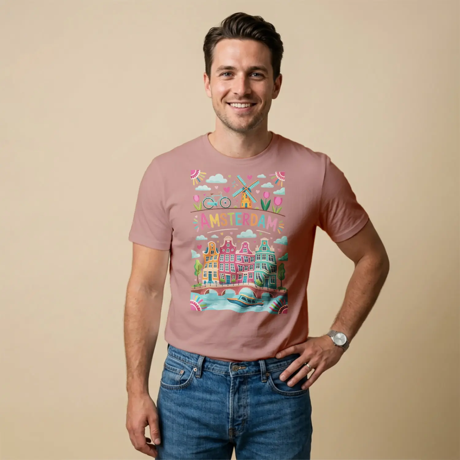 Renkli Kanal Manzaralı Baskılı Erkek Tişört